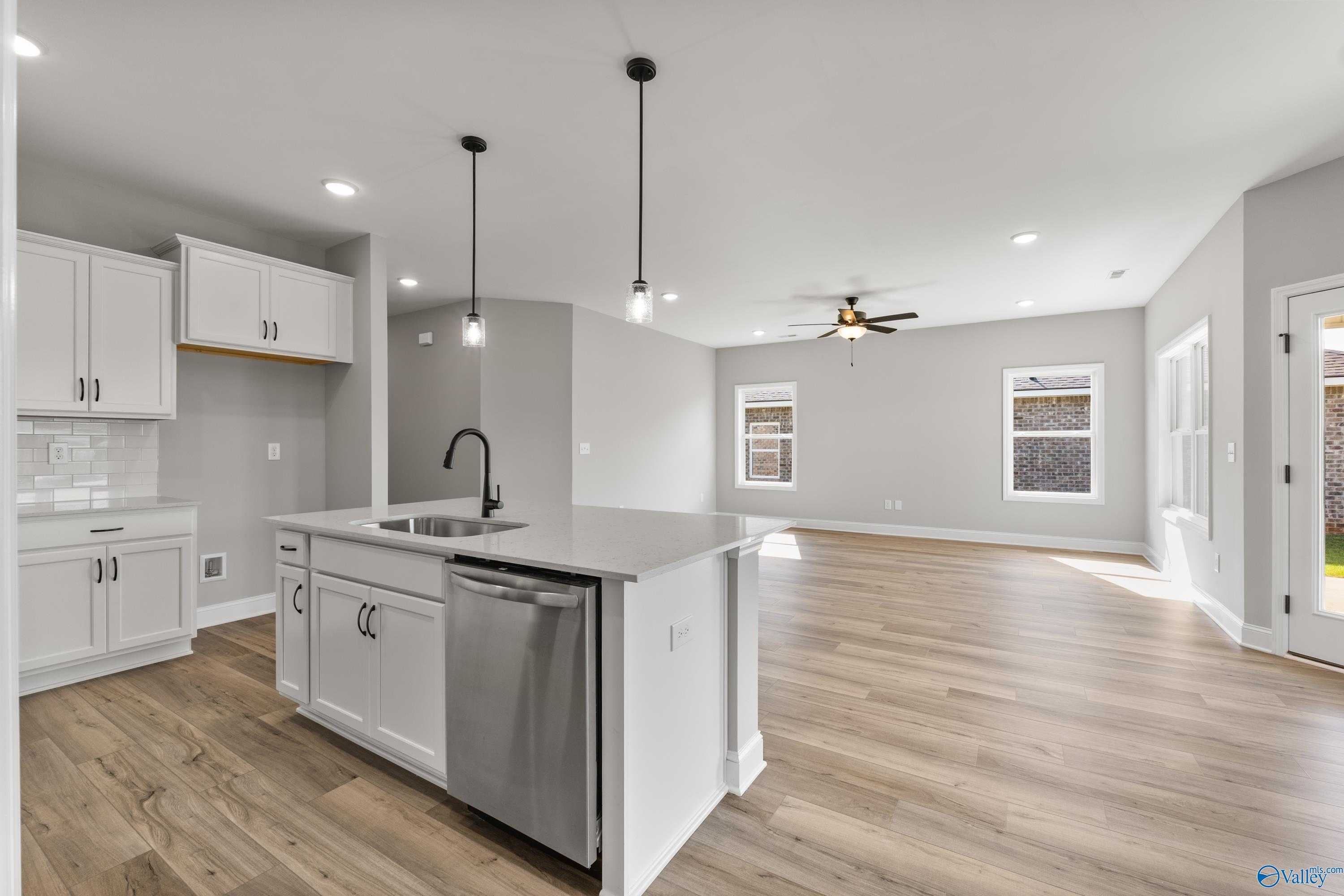 Modern open-concept kitchen with white island sink, stainless dishwasher, hardwood floors in Davidson Homes The Franklin B, Hazel Green, AL
