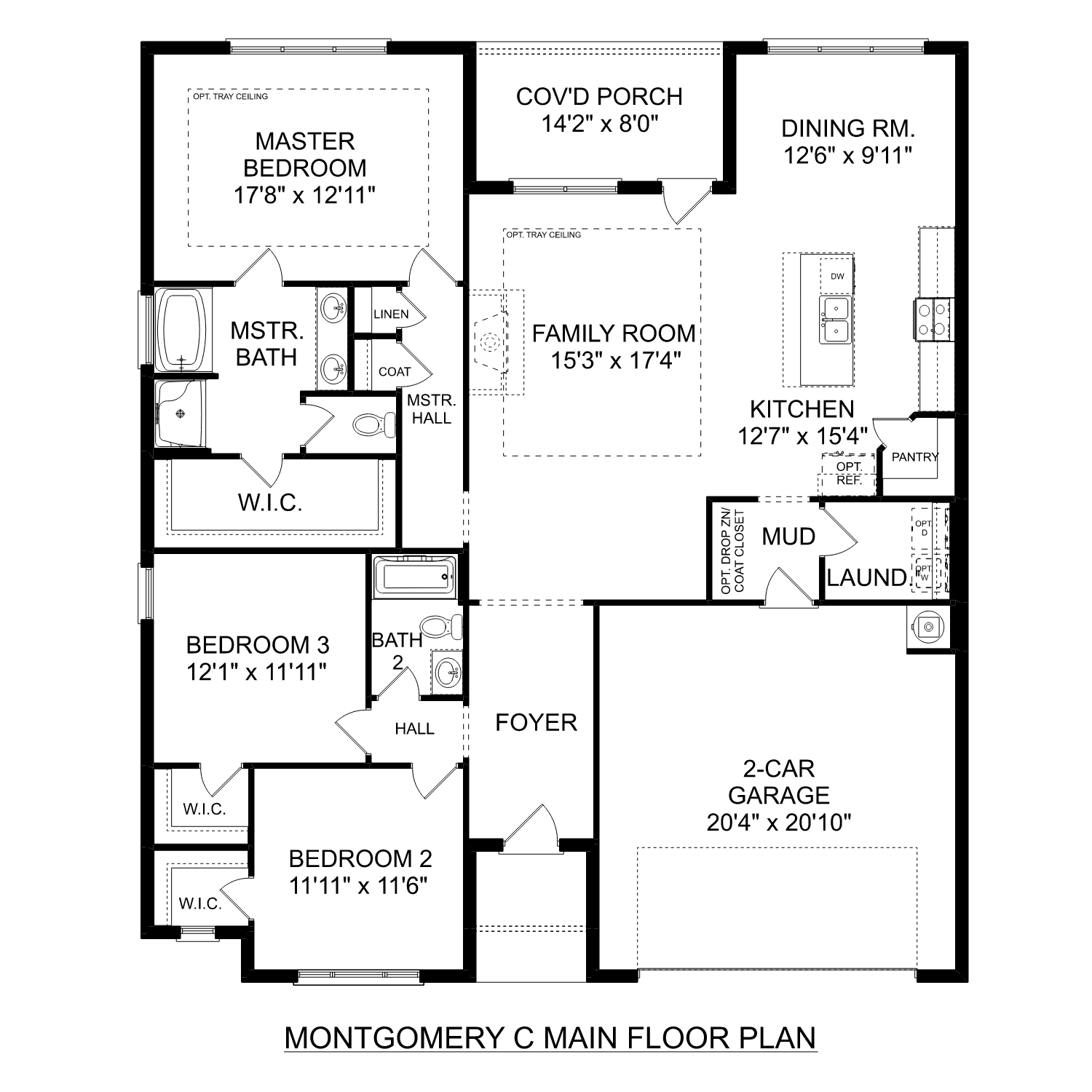 The Montgomery C floor plan: 3-bedroom single-story layout with master suite, open family room, kitchen, dining, and 2-car garage