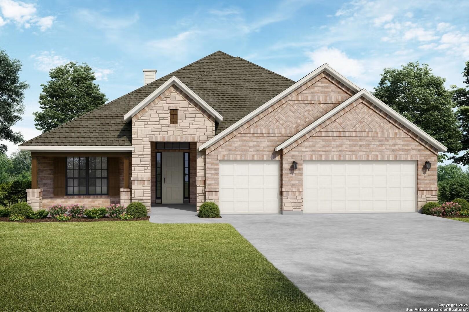 Charming brick single-story 4-bedroom home with 2-car garage, front porch, and lush landscaping in The Reserve at Potranco Oaks, Castroville, Texas