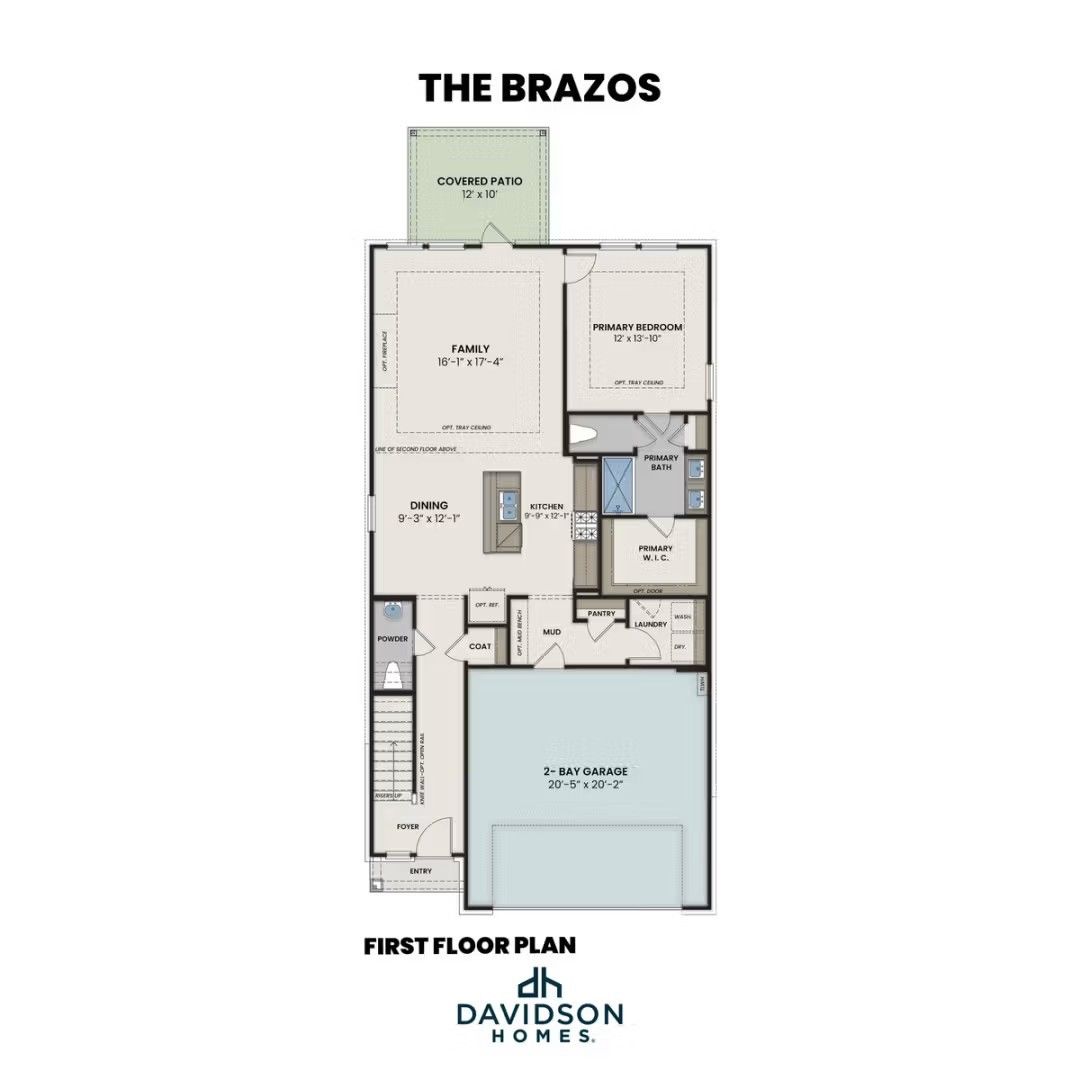 First floor plan of The Brazos E by Davidson Homes in Heartland, Texas, featuring open kitchen, family room, and garage.