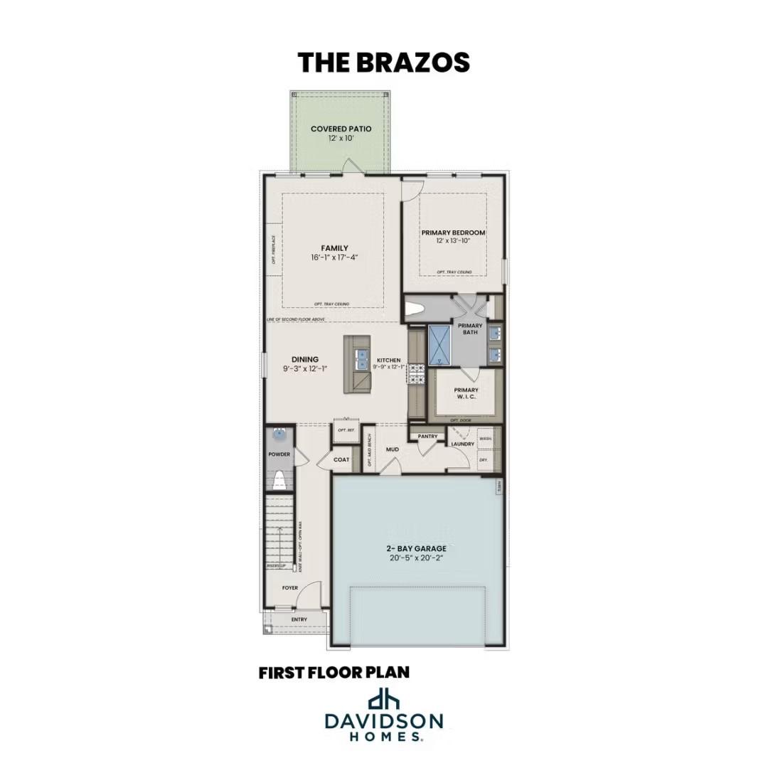 First floor plan of The Brazos E by Davidson Homes in Heartland, Texas, featuring open kitchen, family room, and garage.