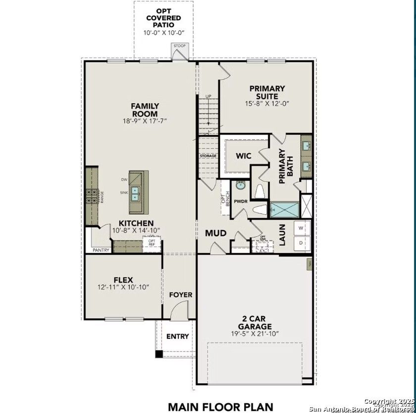 Main floor plan of Davidson Homes The Douglas F: 4-bed, 3.5-bath layout with open kitchen, family room, primary suite, 2-car garage in San Antonio, TX