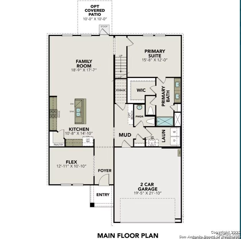 Main floor plan of Davidson Homes The Douglas F: 4-bed, 3.5-bath layout with open kitchen, family room, primary suite, 2-car garage in San Antonio, TX