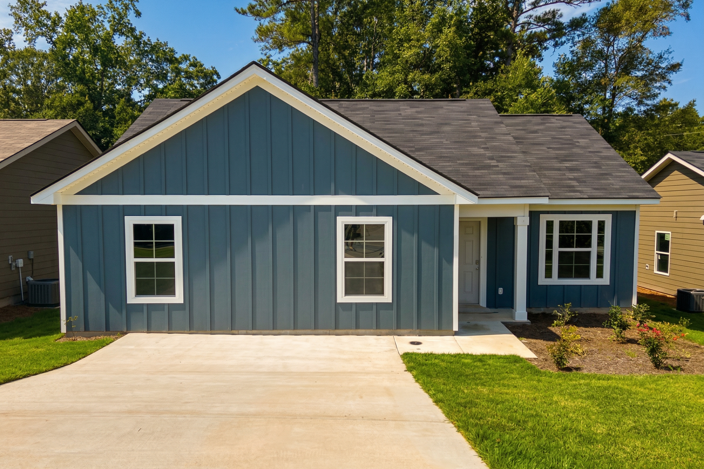 Navy blue Craftsman home exterior in Summer Vineyard, Phenix City AL with covered porch, driveway and lush green yard
