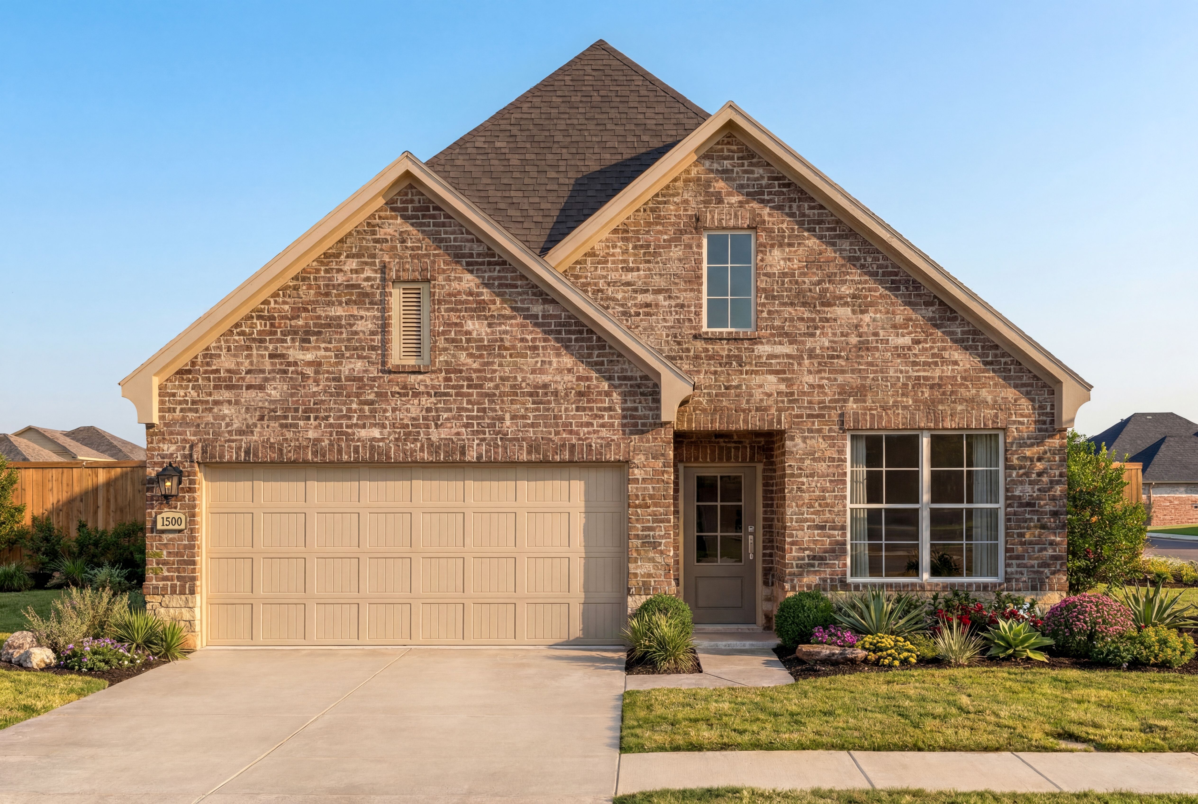 Modern tan brick exterior of The Luna K 4-bedroom single-family home in Katy Texas with gabled roof and 2-car garage