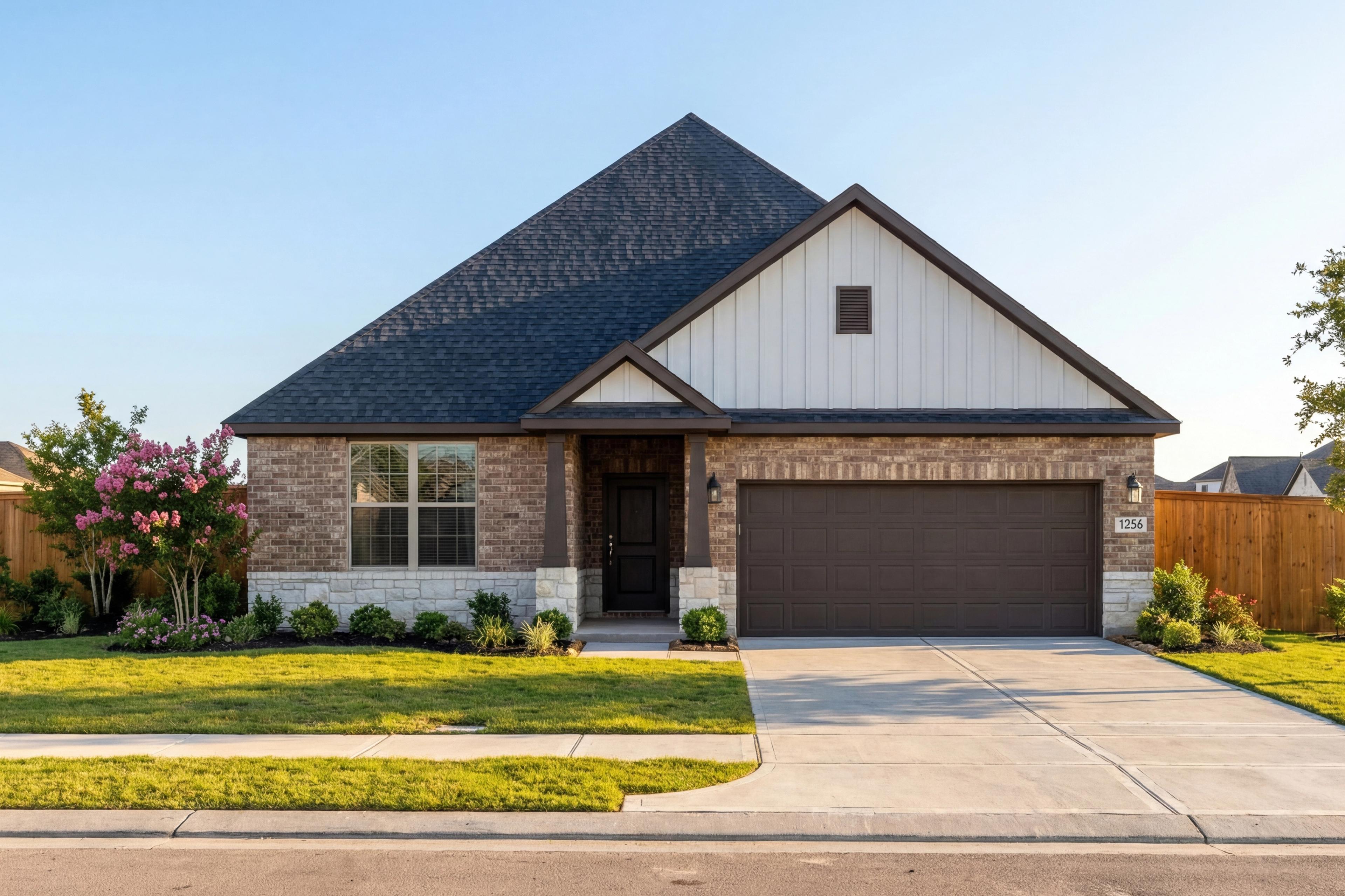 Charming single-story Daphne G home design in Crosby TX with brick accents, white siding, gabled roof, 2-car garage, and manicured lawn