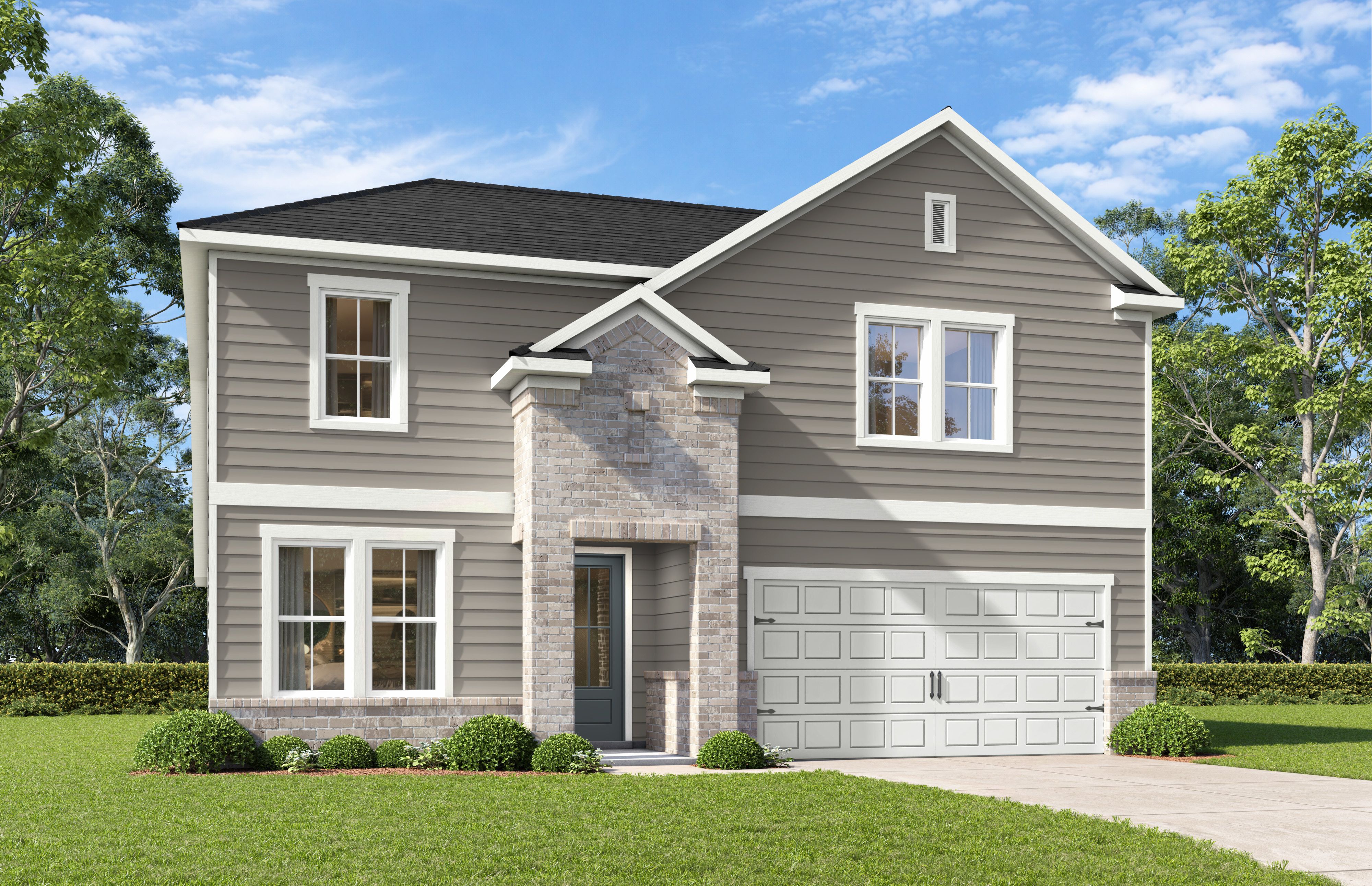 Modern two-story Sycamore A home elevation featuring gray siding, brick accents, two-car garage, and lush landscaping in San Antonio