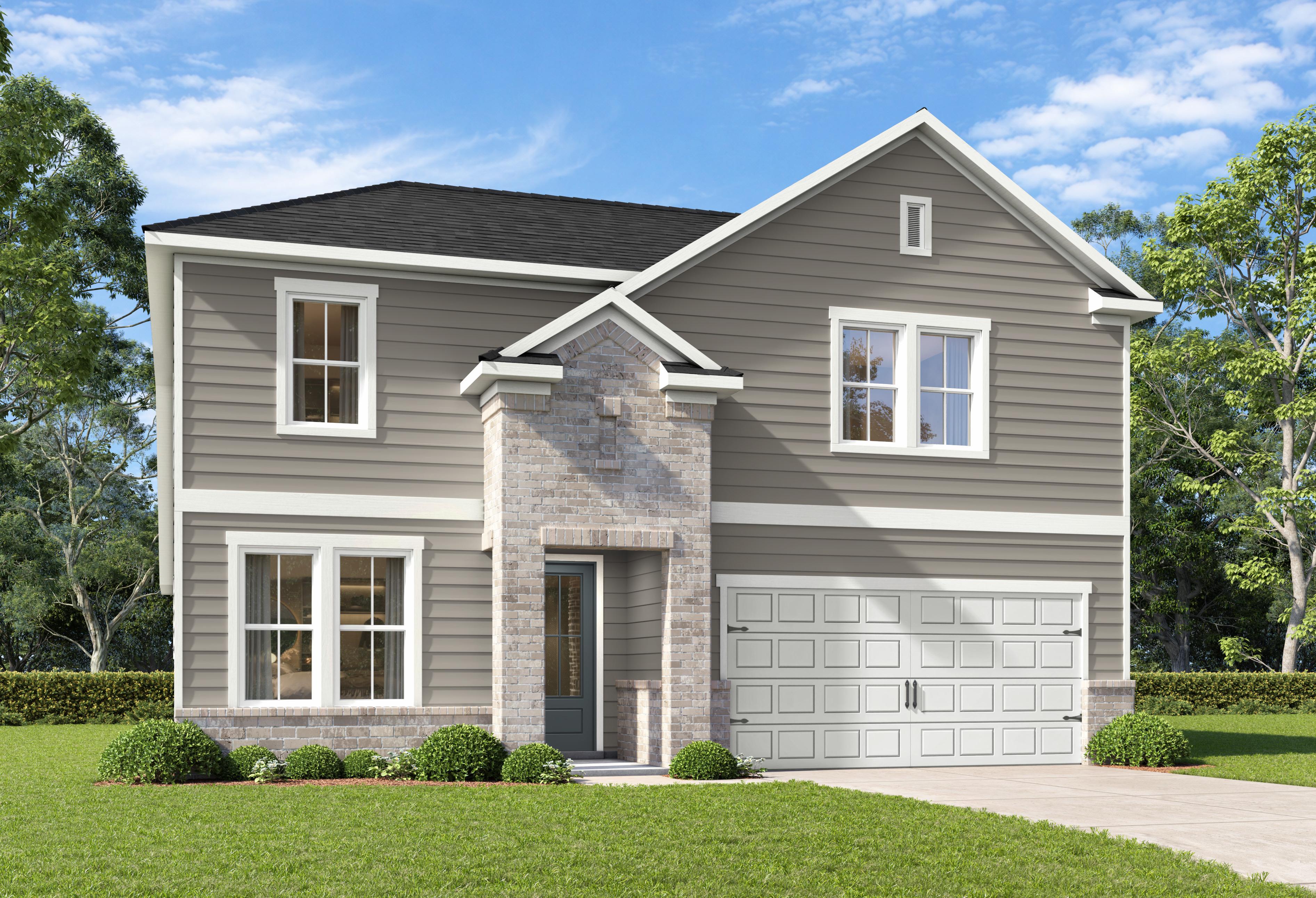Modern two-story Sycamore A home elevation featuring gray siding, brick accents, two-car garage, and lush landscaping in San Antonio