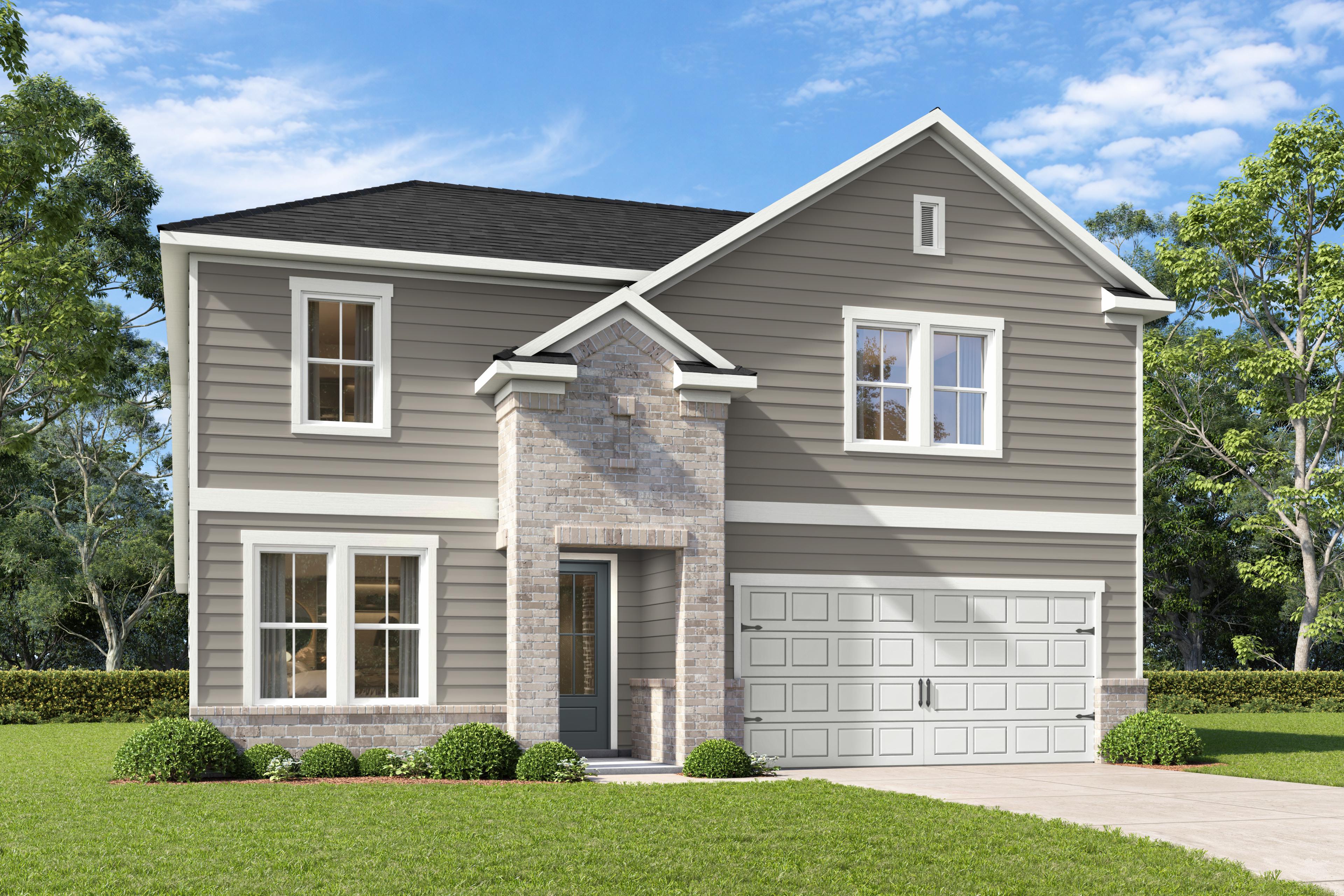 Modern two-story Sycamore A home elevation featuring gray siding, brick accents, two-car garage, and lush landscaping in San Antonio