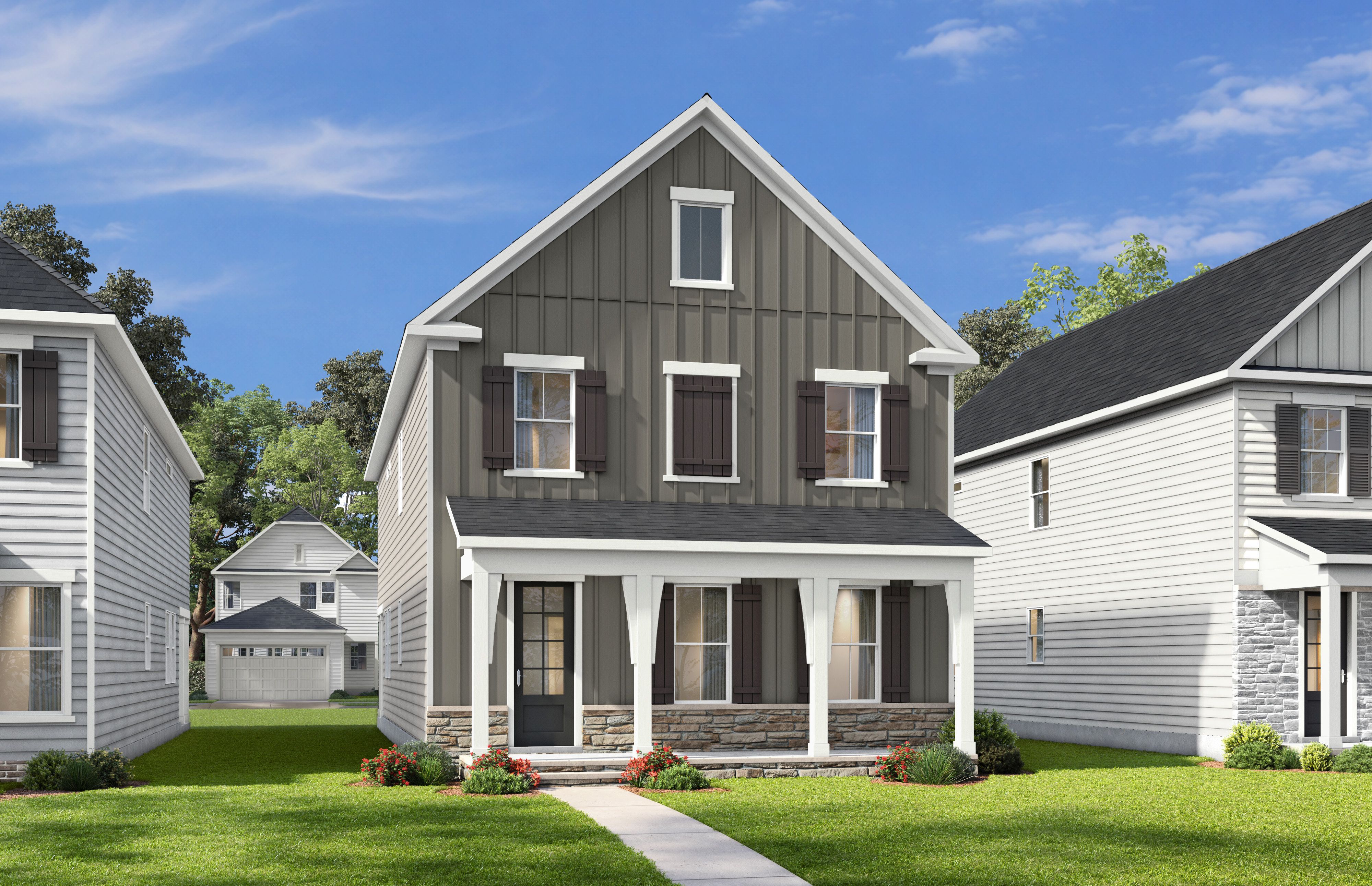 Modern farmhouse exterior elevation of The Harris C by Davidson Homes, featuring board and batten siding and stone accents.