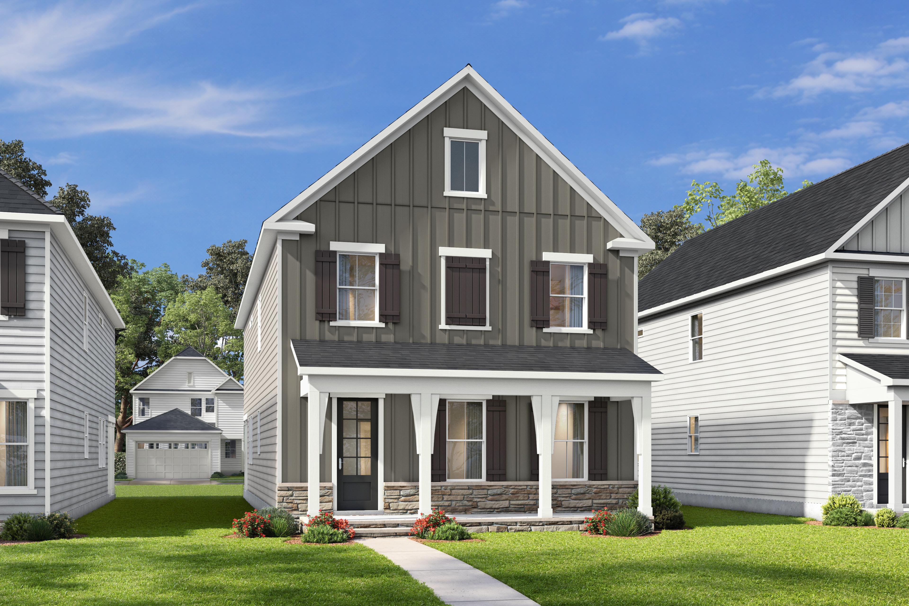 Modern farmhouse exterior elevation of The Harris C by Davidson Homes, featuring board and batten siding and stone accents.
