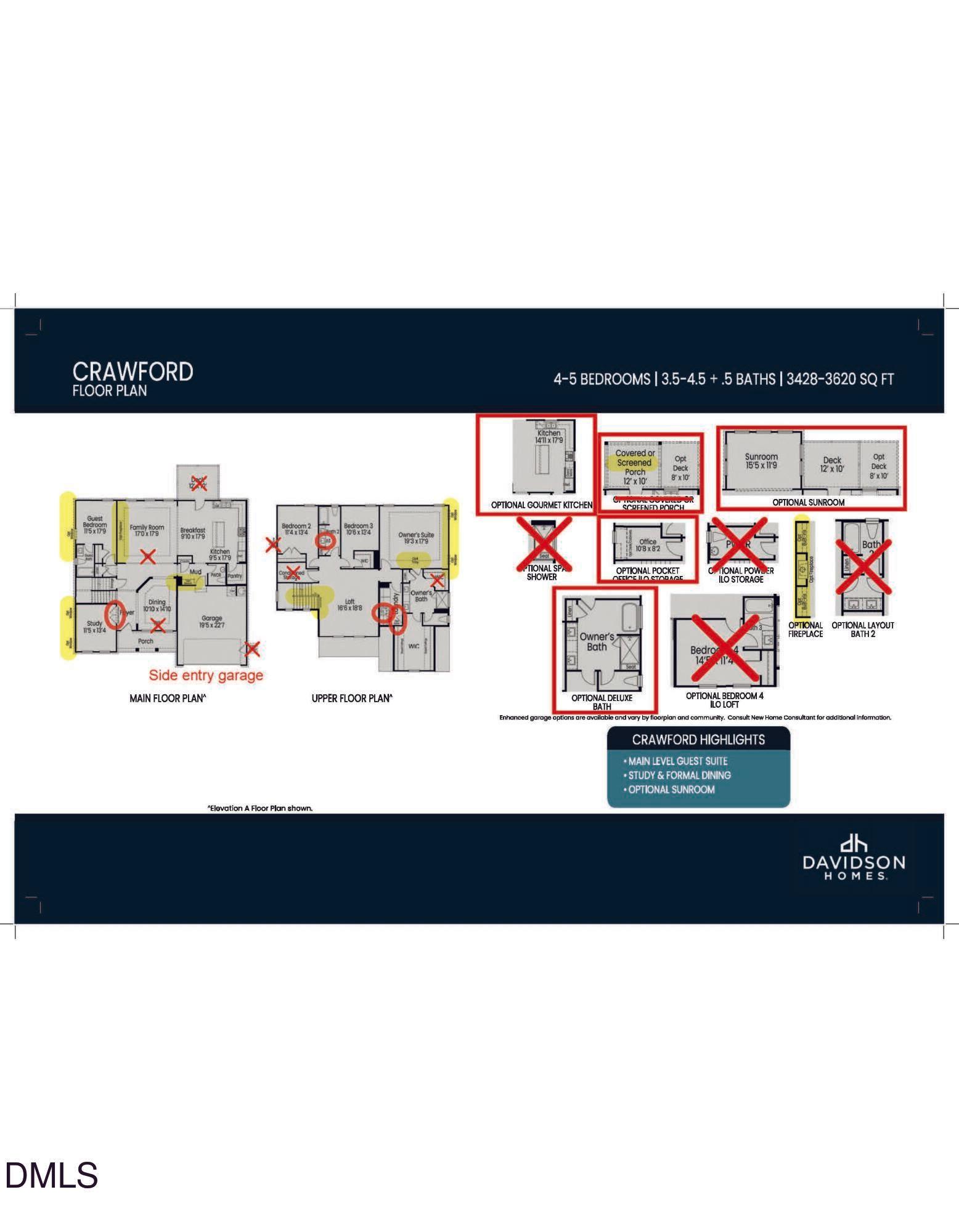 Crawford D floor plan by Davidson Homes: 4-bed, 3.5-bath, 3,620 sq ft two-story layout with 2-car garage in Raleigh, NC