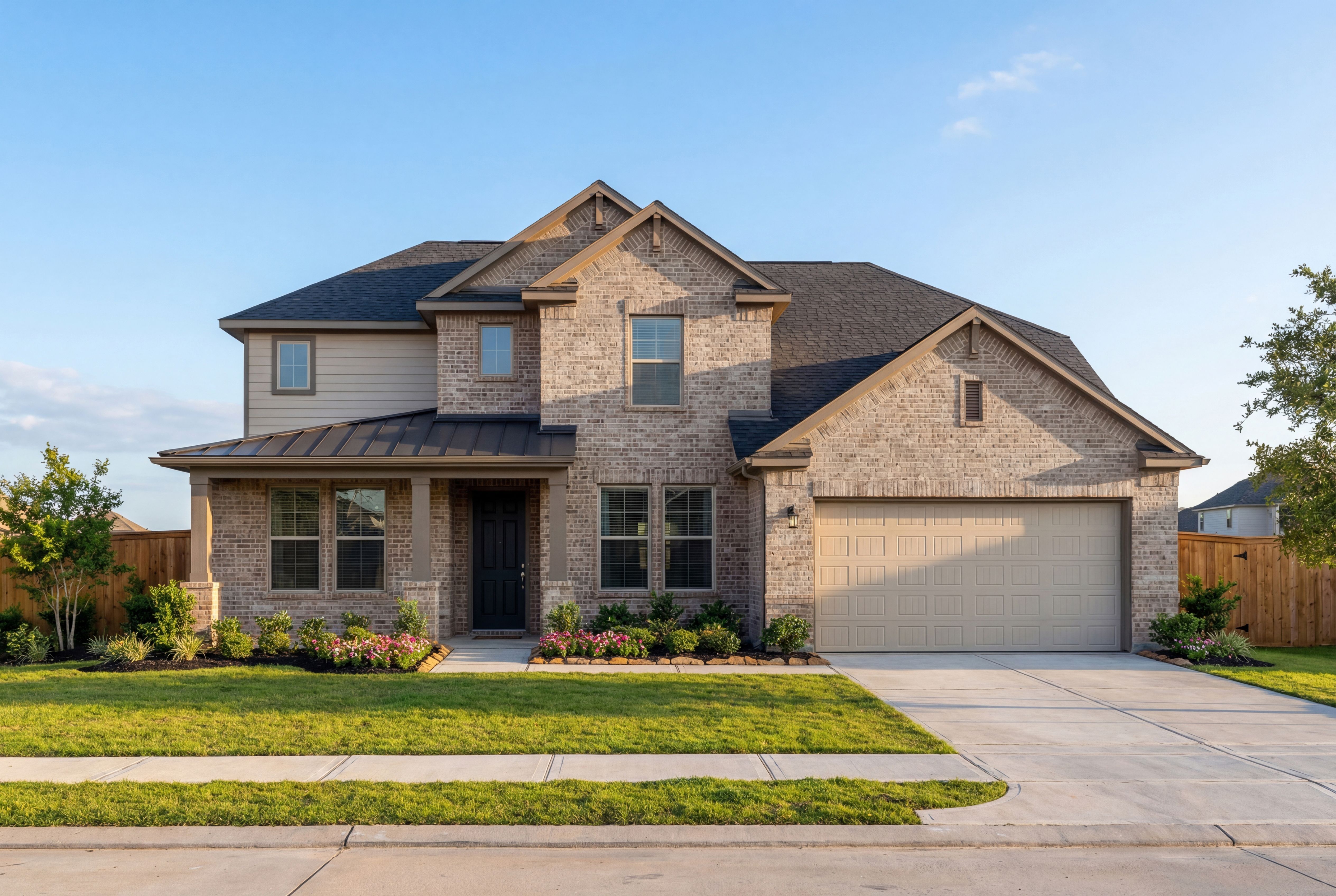 Two-story Victoria A home elevation by Davidson Homes with brick and siding facade, 3-car garage, and landscaped yard in Rosharon Texas