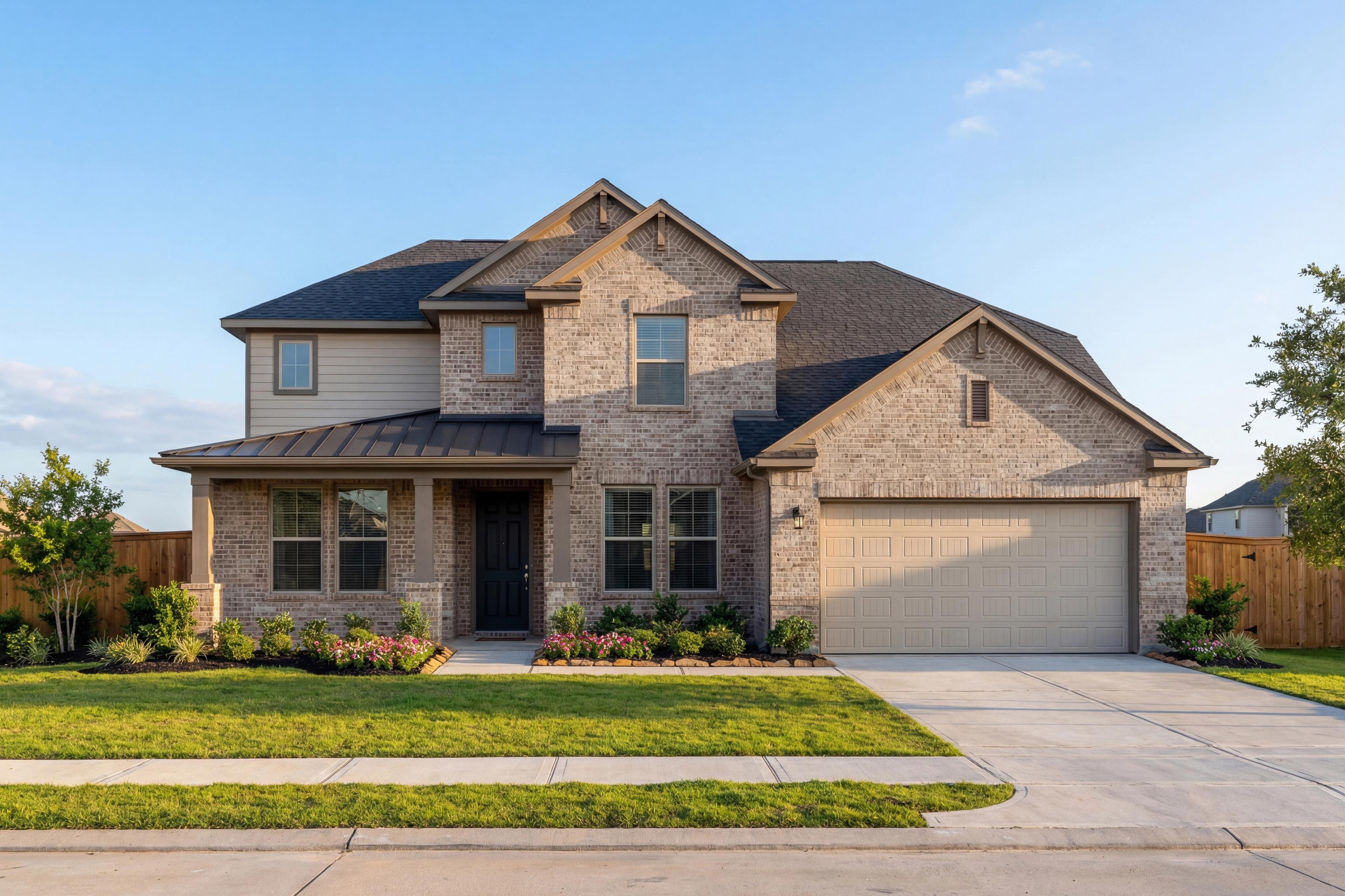 Two-story Victoria A home elevation by Davidson Homes with brick and siding facade, 3-car garage, and landscaped yard in Rosharon Texas