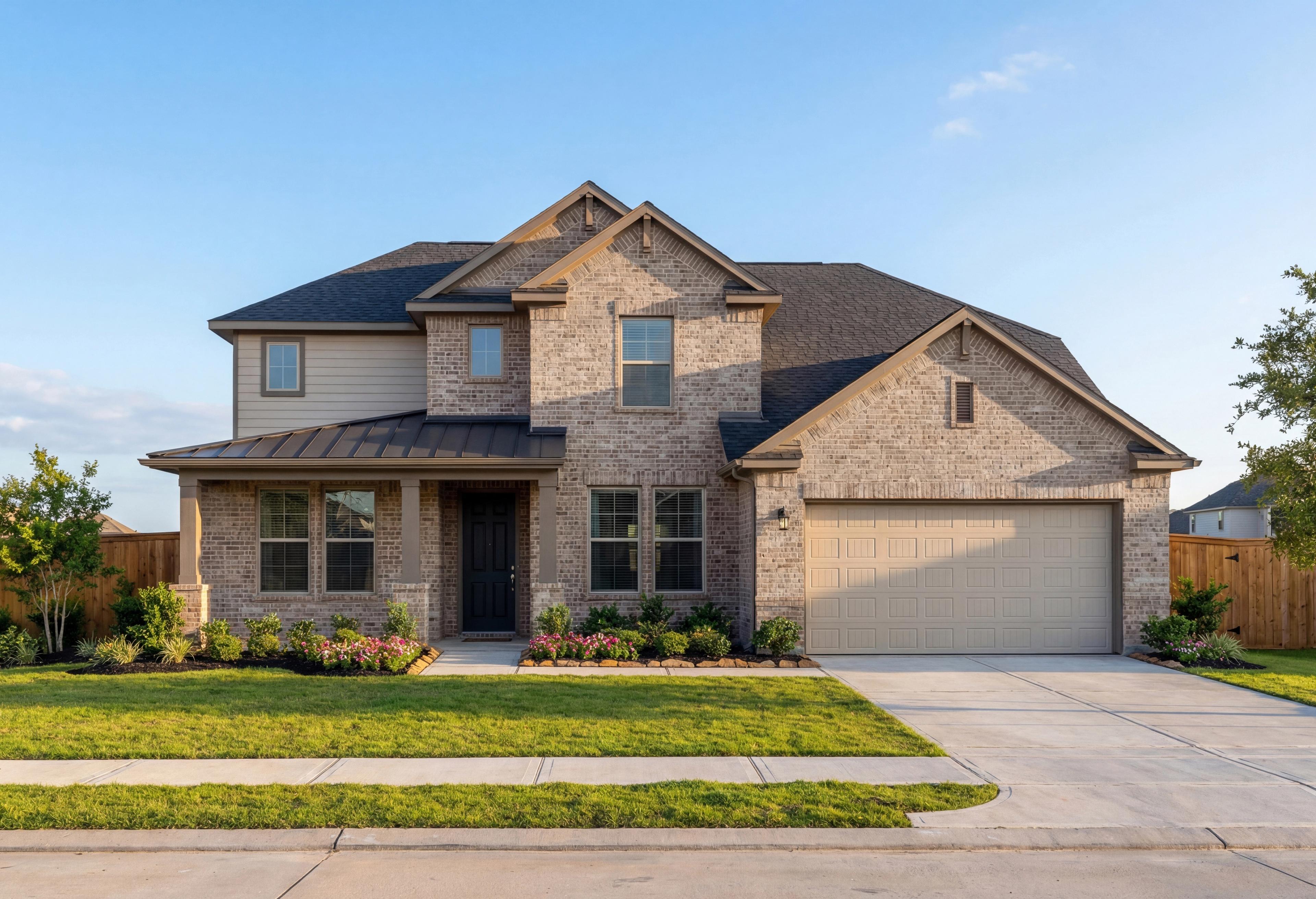 Two-story Victoria A home elevation by Davidson Homes with brick and siding facade, 3-car garage, and landscaped yard in Rosharon Texas