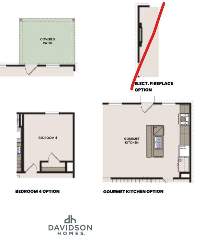 Floor plan options featuring covered patio, electric fireplace, gourmet kitchen, and bedroom 4 for The Hartwell B home.
