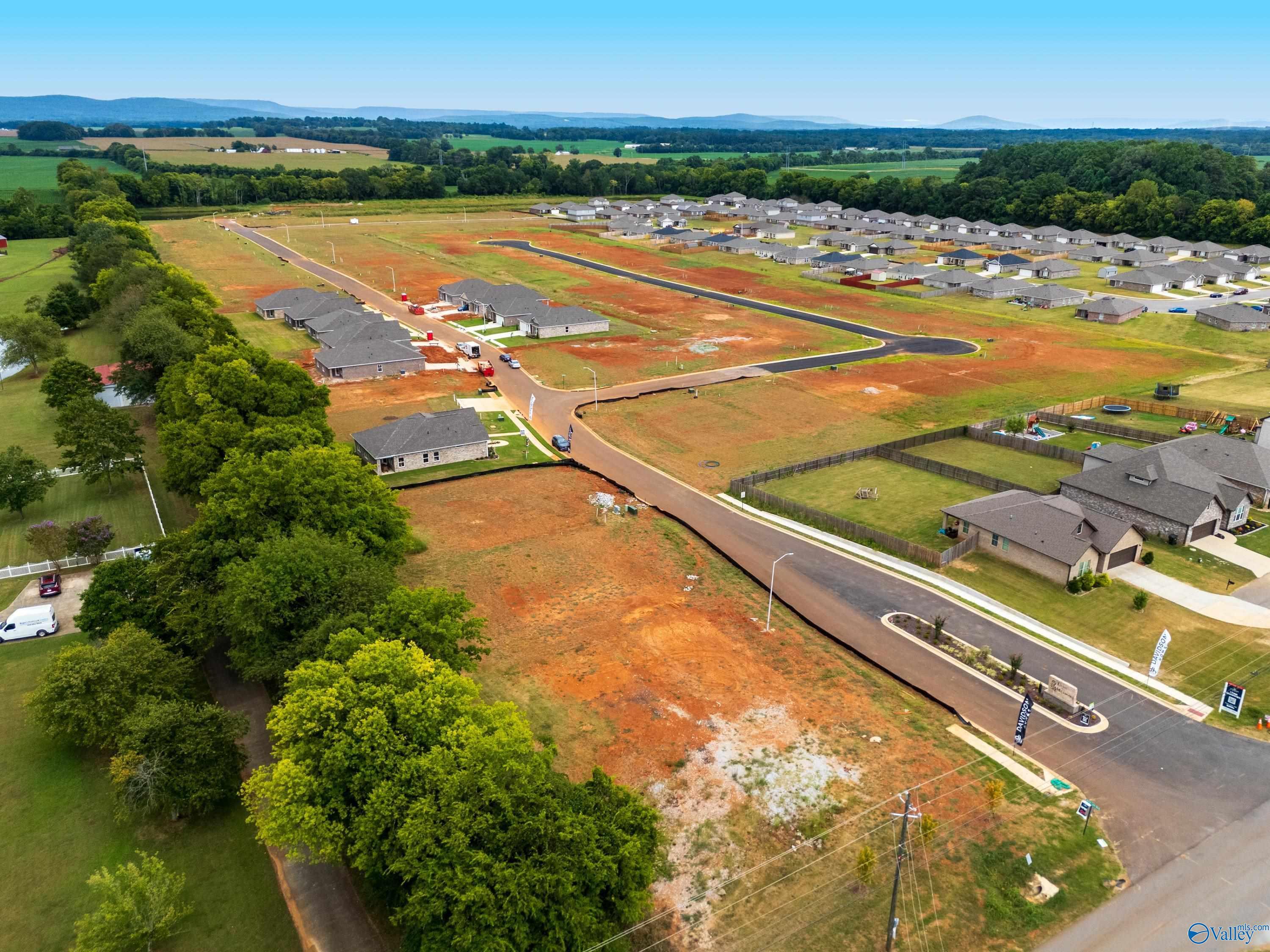 Aerial view of new Davidson Homes in Lynn Meadows, Meridianville, Alabama, featuring The Asheville C floor plan with modern single-story houses