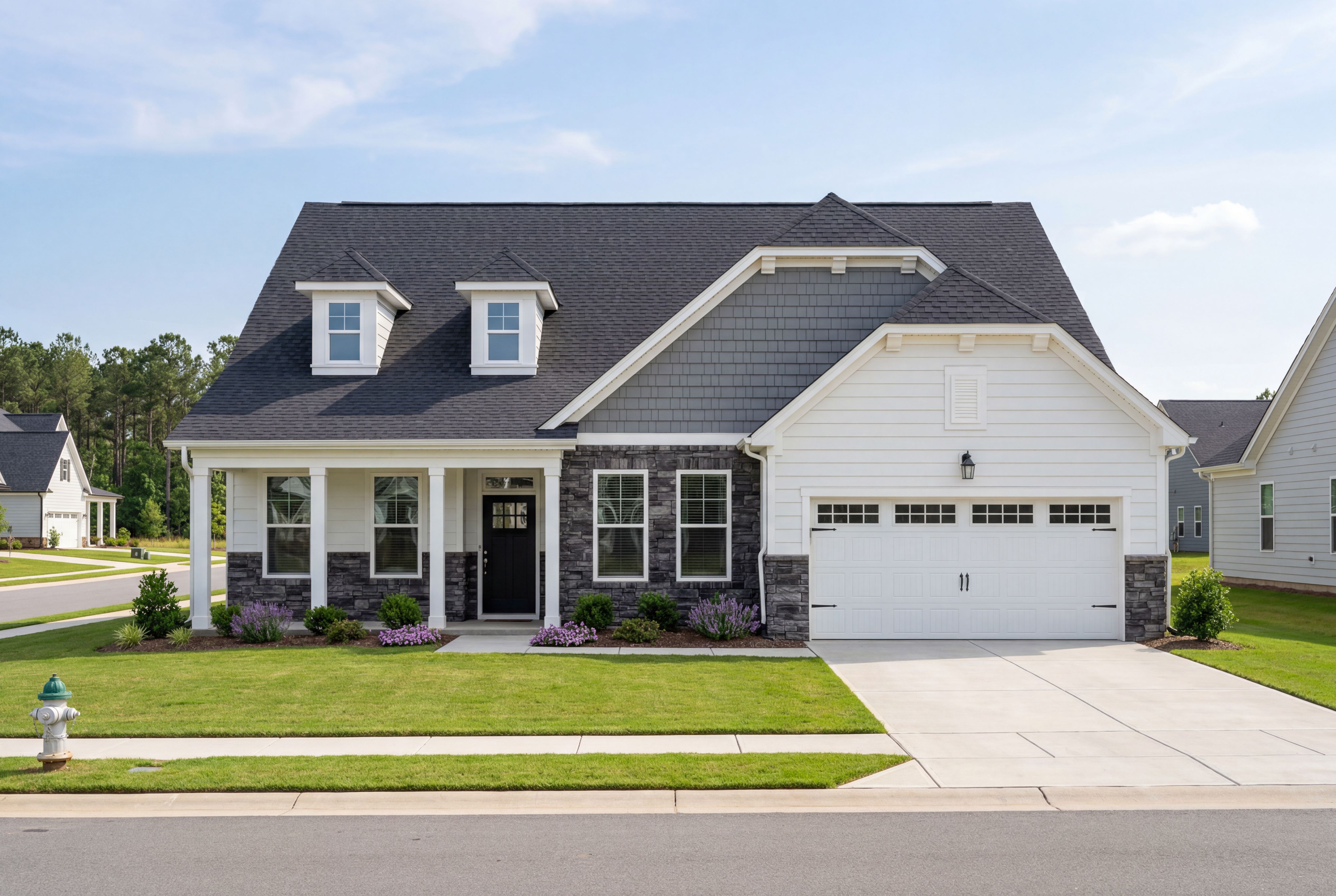 Modern The Magnolia A single-story home featuring brick and vinyl exterior, gabled roof, covered porch, and 2-car garage in Holly Springs NC