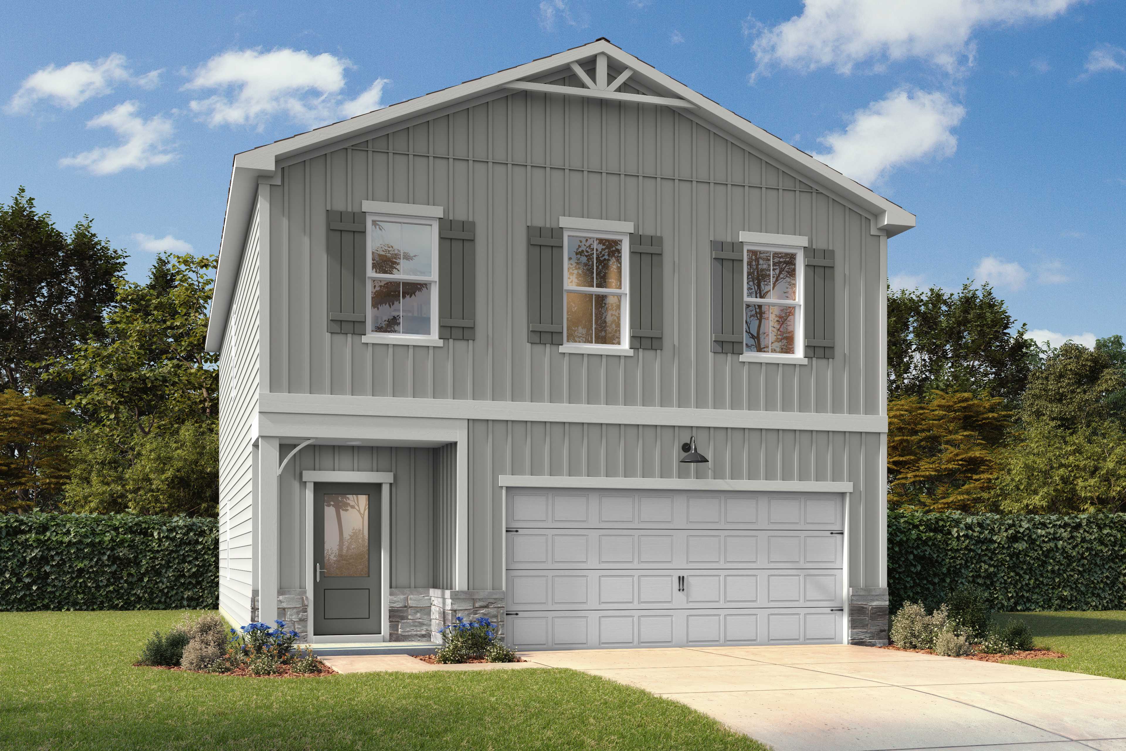 Front exterior elevation with 3 windows upstairs, front door with patio and 2 car garage door