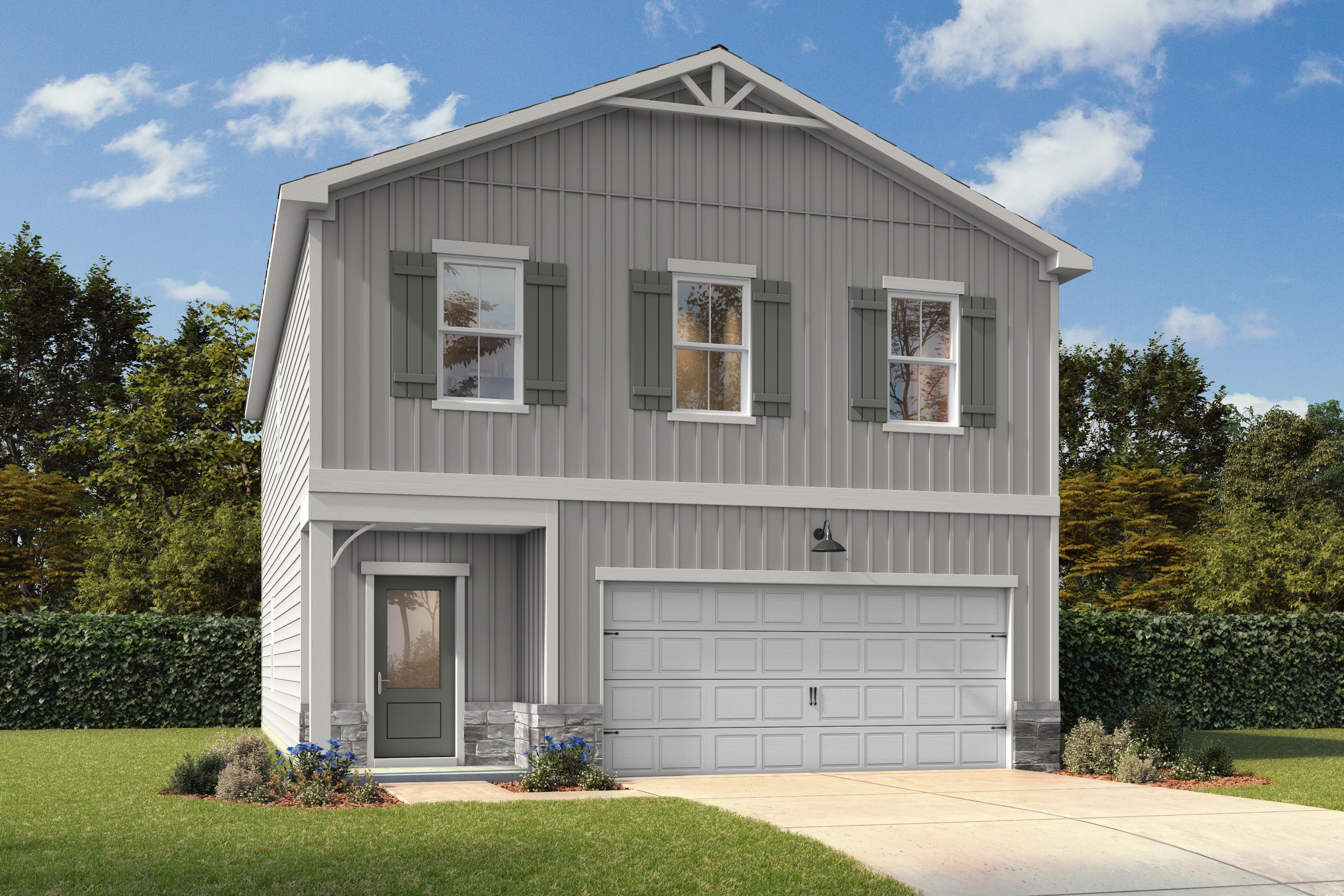 Front exterior elevation with 3 windows upstairs, front door with patio and 2 car garage door