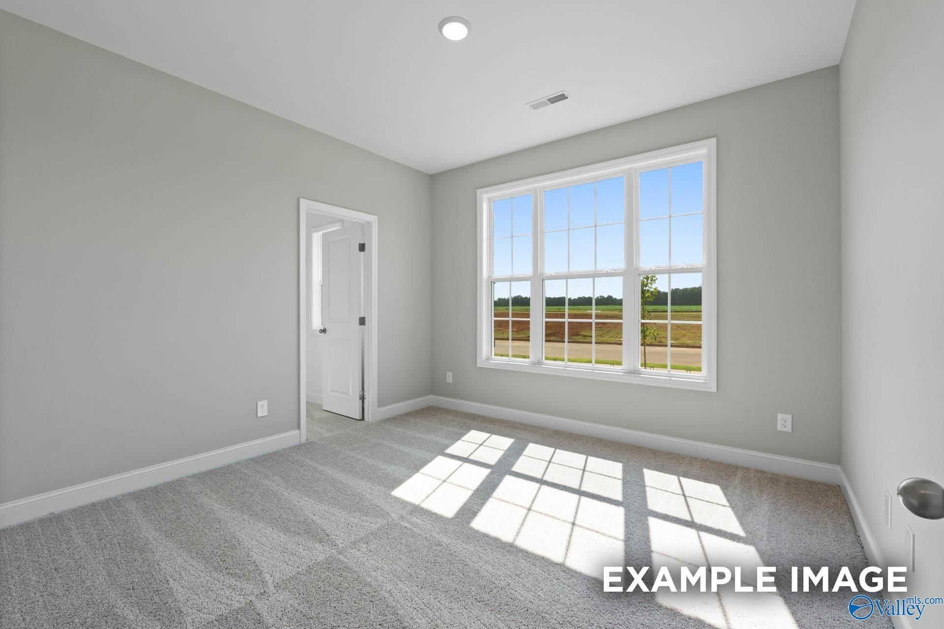Sunny bedroom featuring gray walls, carpet floor, and large window with field view in Davidson Homes The Montgomery B, Hartselle, Alabama