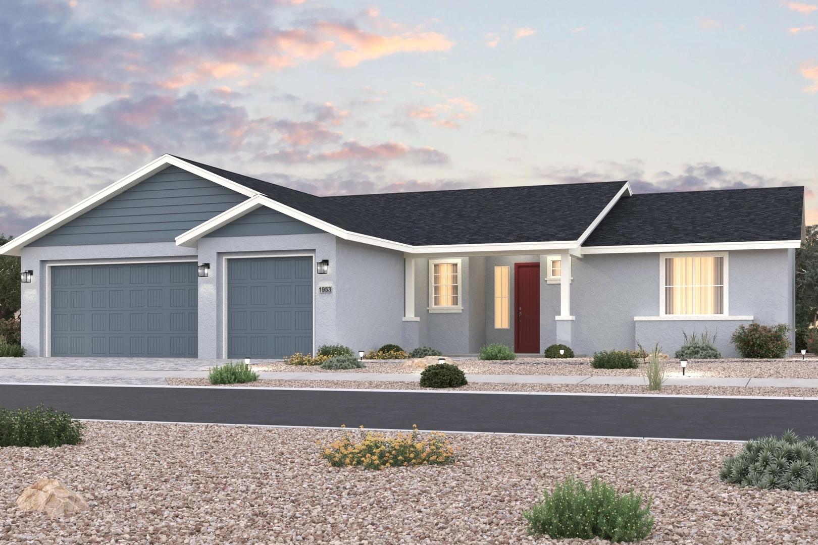The Daybreak single-story home elevation in Prescott AZ: gray siding, gabled roof, 3-car garage, desert landscaping at sunset