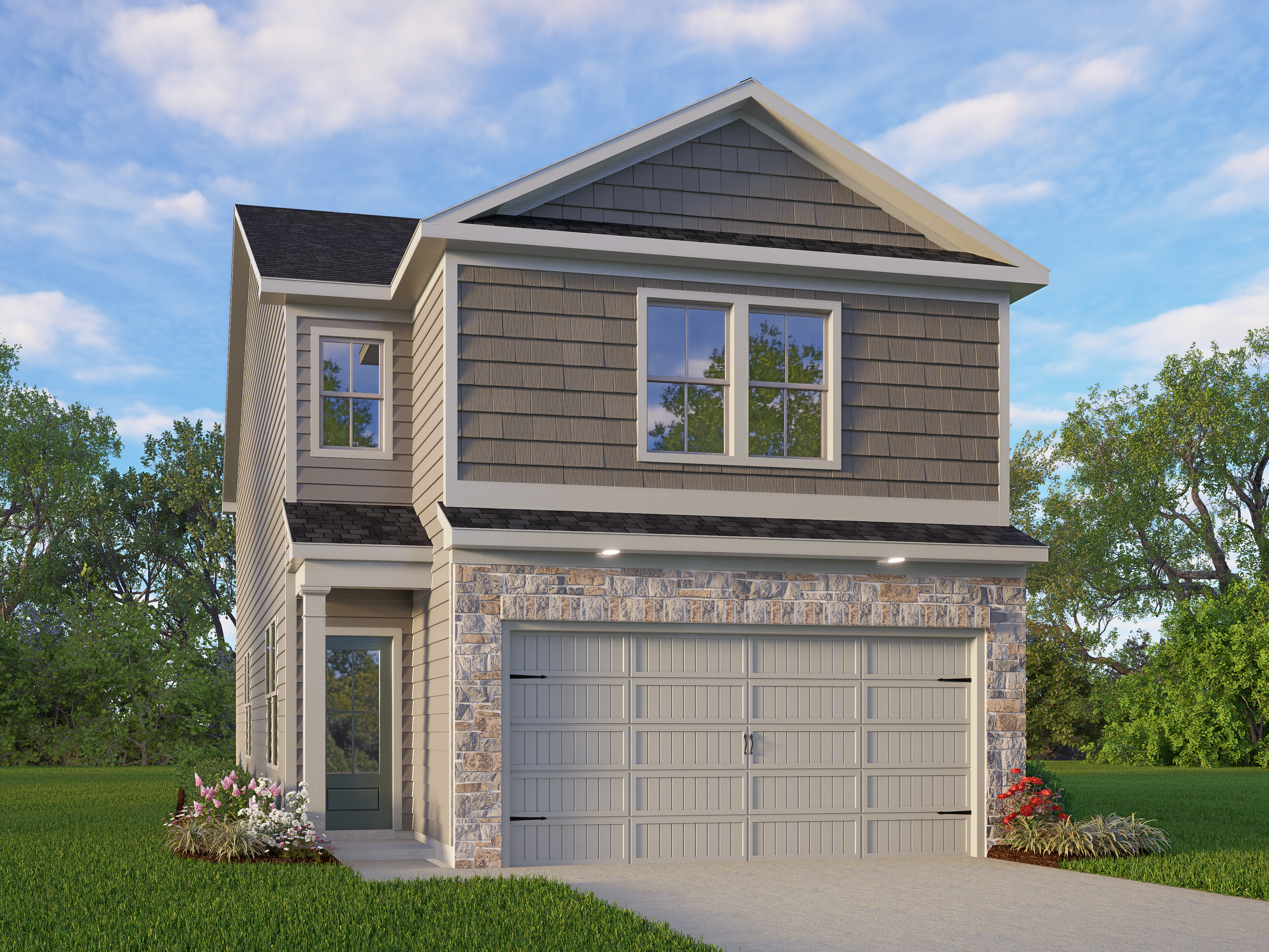 Two-story Florence C home by Davidson Homes with gray siding, stone accents, 2-car garage, landscaped yard in Meadows at Oak Creek, San Antonio, Texas