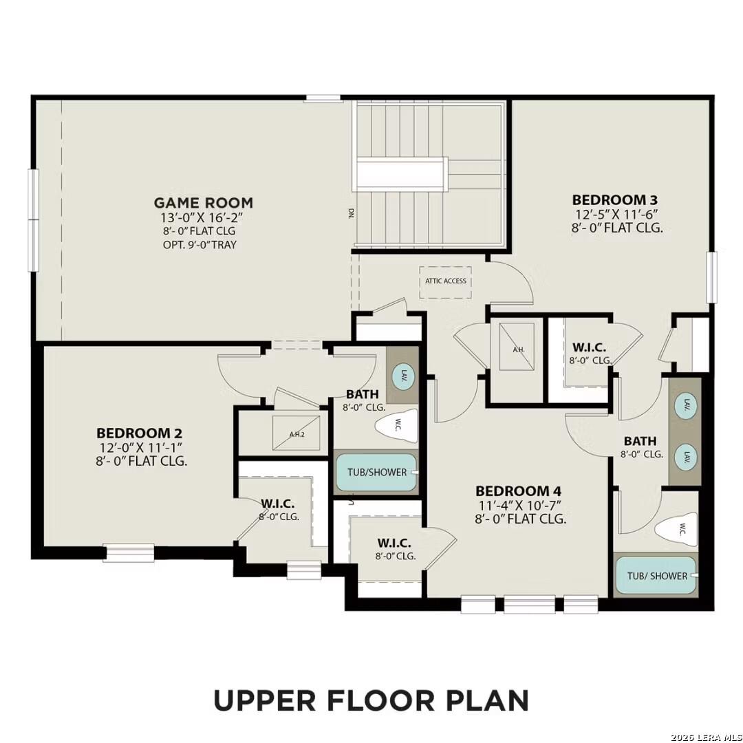 Upper floor plan showing game room, bedrooms 2-4, baths, and closets in Davidson Homes Sequoia B, Elmendorf Texas
