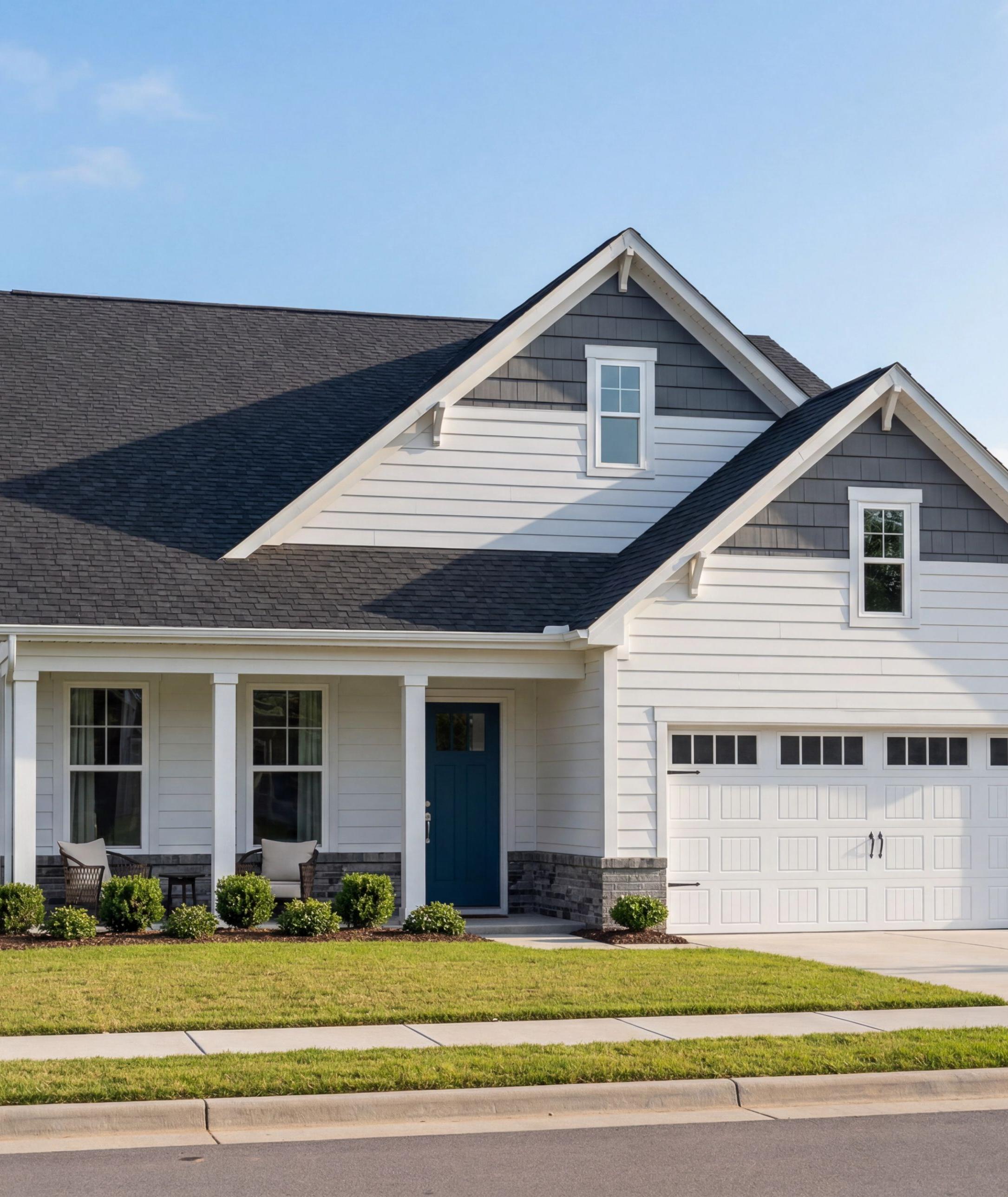 Modern home exterior at Montrose in Aberdeen, NC by Davidson Homes featuring white siding and a blue front door.