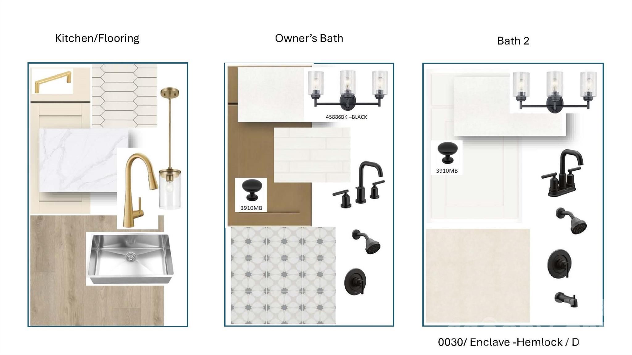 Interior design mood board for The Hemlock D floor plan at Enclave at Belmont, featuring kitchen and bathroom finishes.