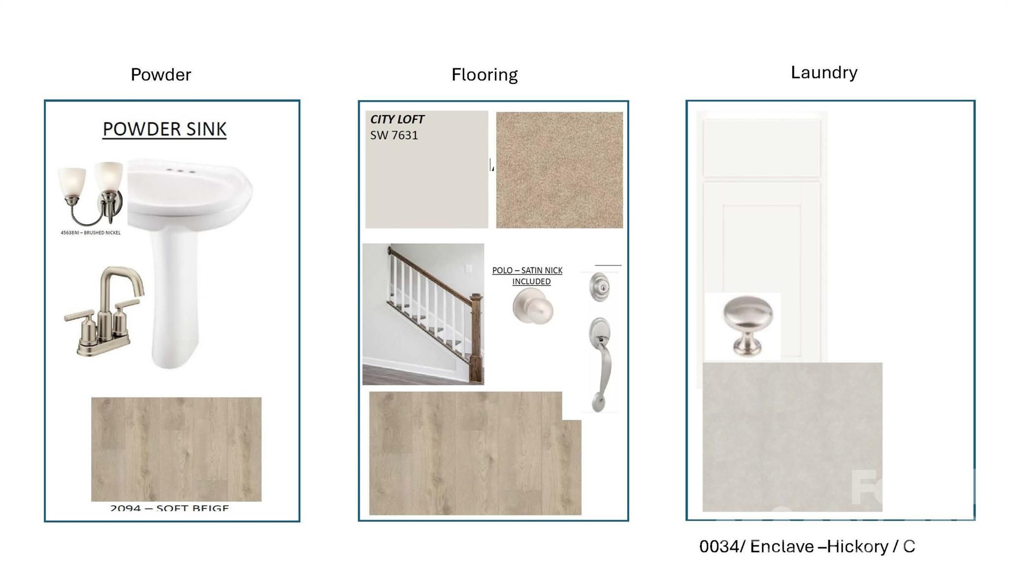 Design selections for Davidson Homes Hickory C II: powder sink, City Loft paint, vinyl flooring, and satin nickel finishes in Enclave at Belmont