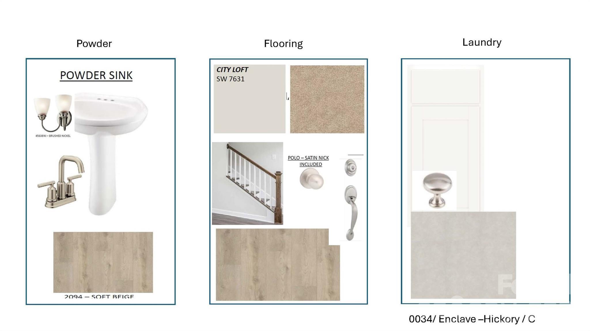Design selections for Davidson Homes Hickory C II: powder sink, City Loft paint, vinyl flooring, and satin nickel finishes in Enclave at Belmont