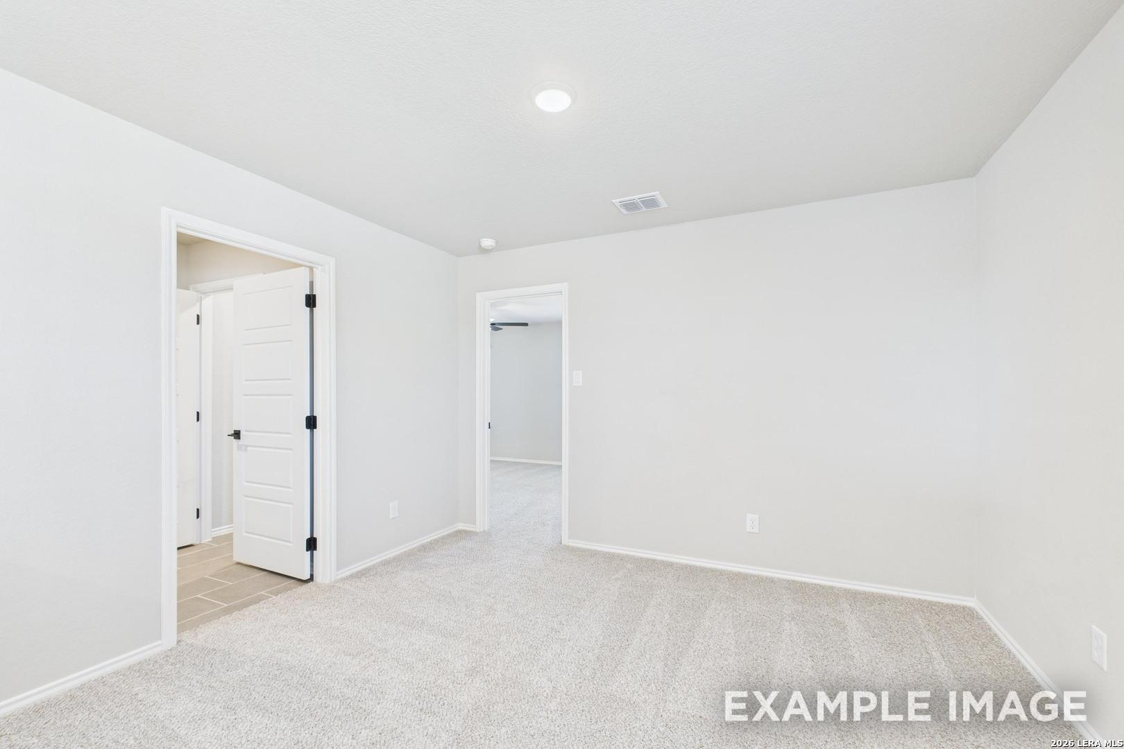 Bright, carpeted bedroom with neutral walls and doorway access in The Charlotte B floor plan at Cedar Heights, San Antonio.