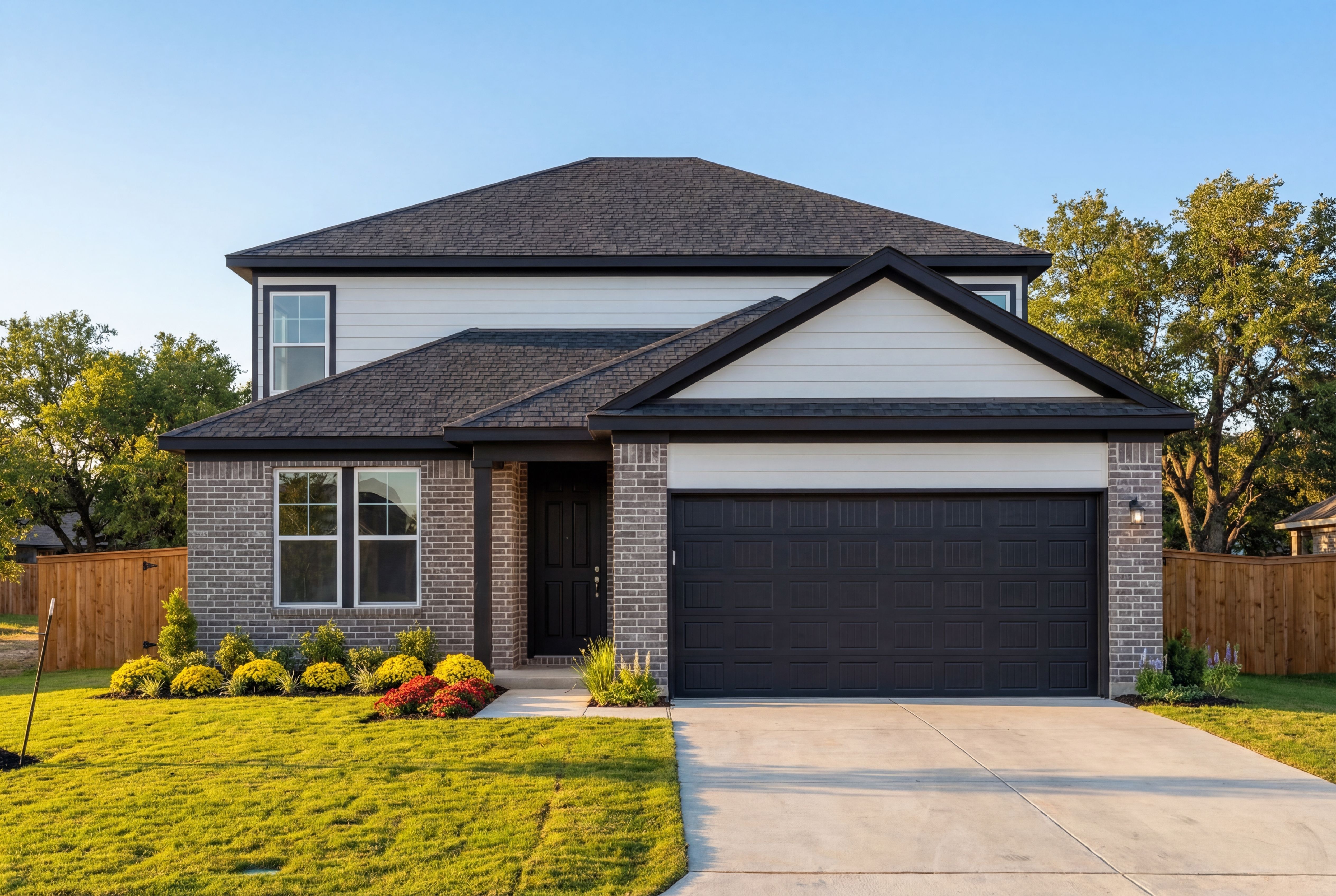 Modern two-story The Douglas C home elevation with brick siding, black garage door, and landscaped yard by Davidson Homes