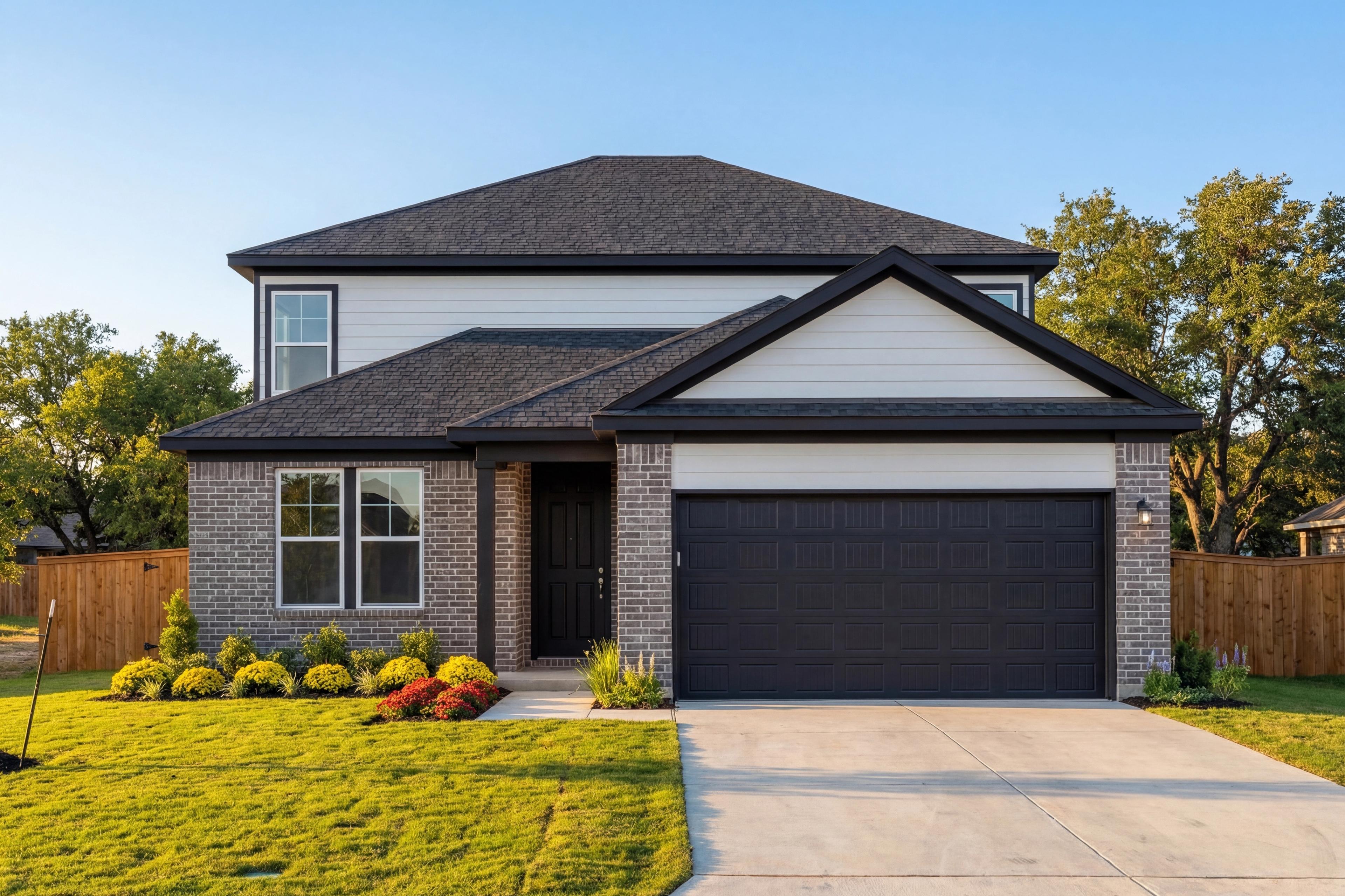 Modern two-story The Douglas C home elevation with brick siding, black garage door, and landscaped yard by Davidson Homes
