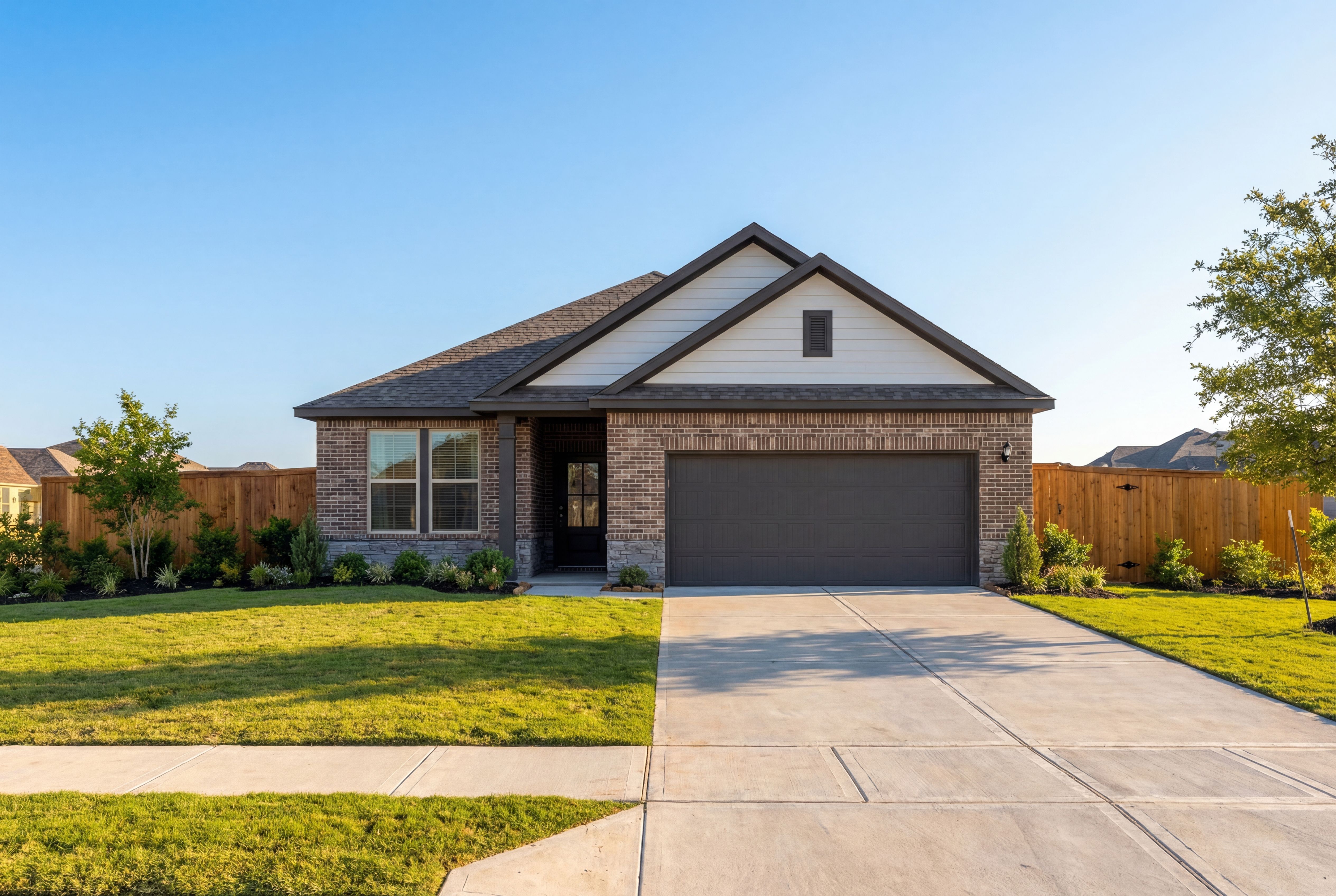 Single-story The Glenwood elevation showcasing brick and white siding facade, 2-car garage, driveway, and landscaped yard in San Antonio