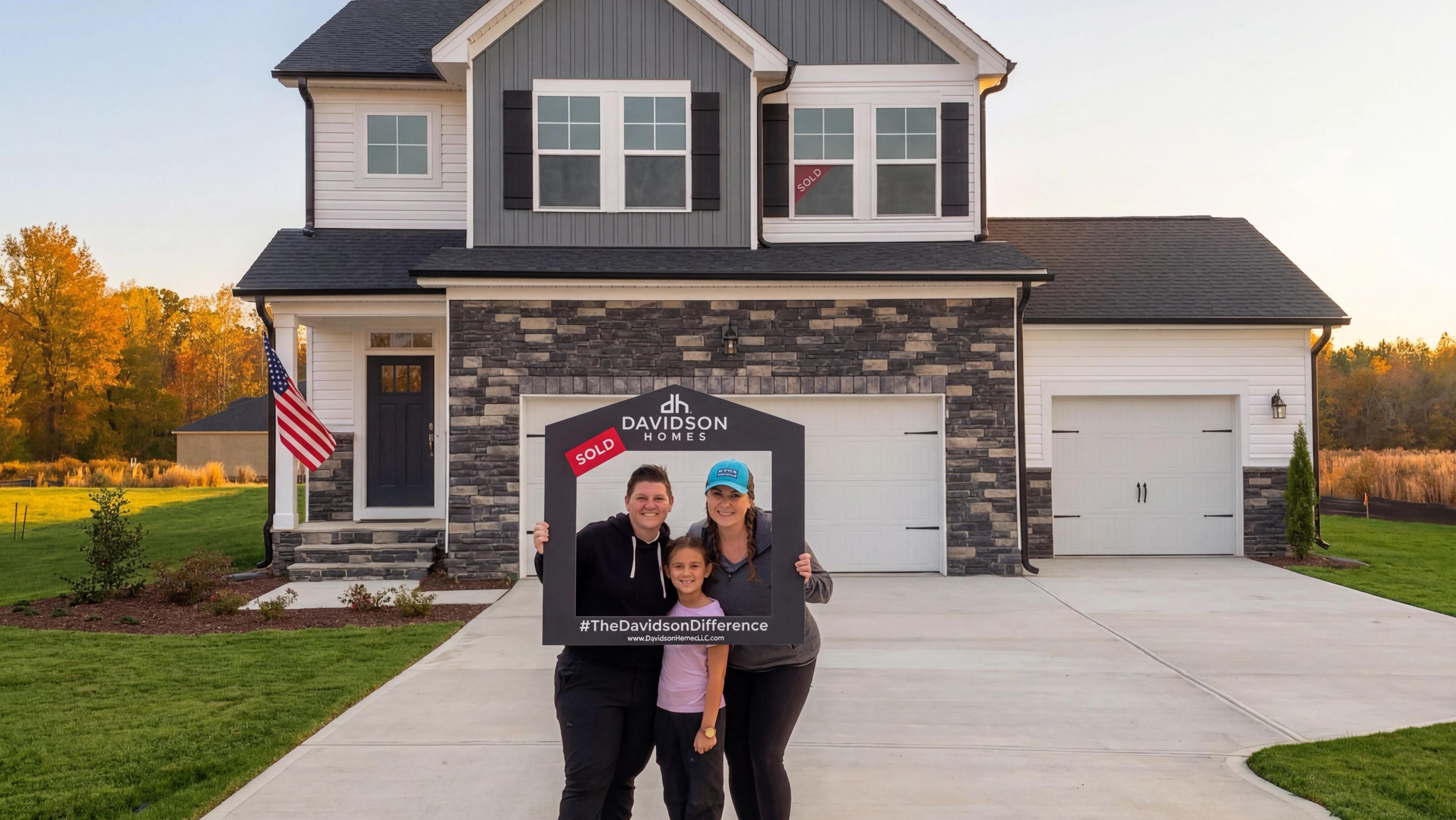Raleigh homeowners holding a Davidson Homes sold sign in front of their new home in the Triangle.