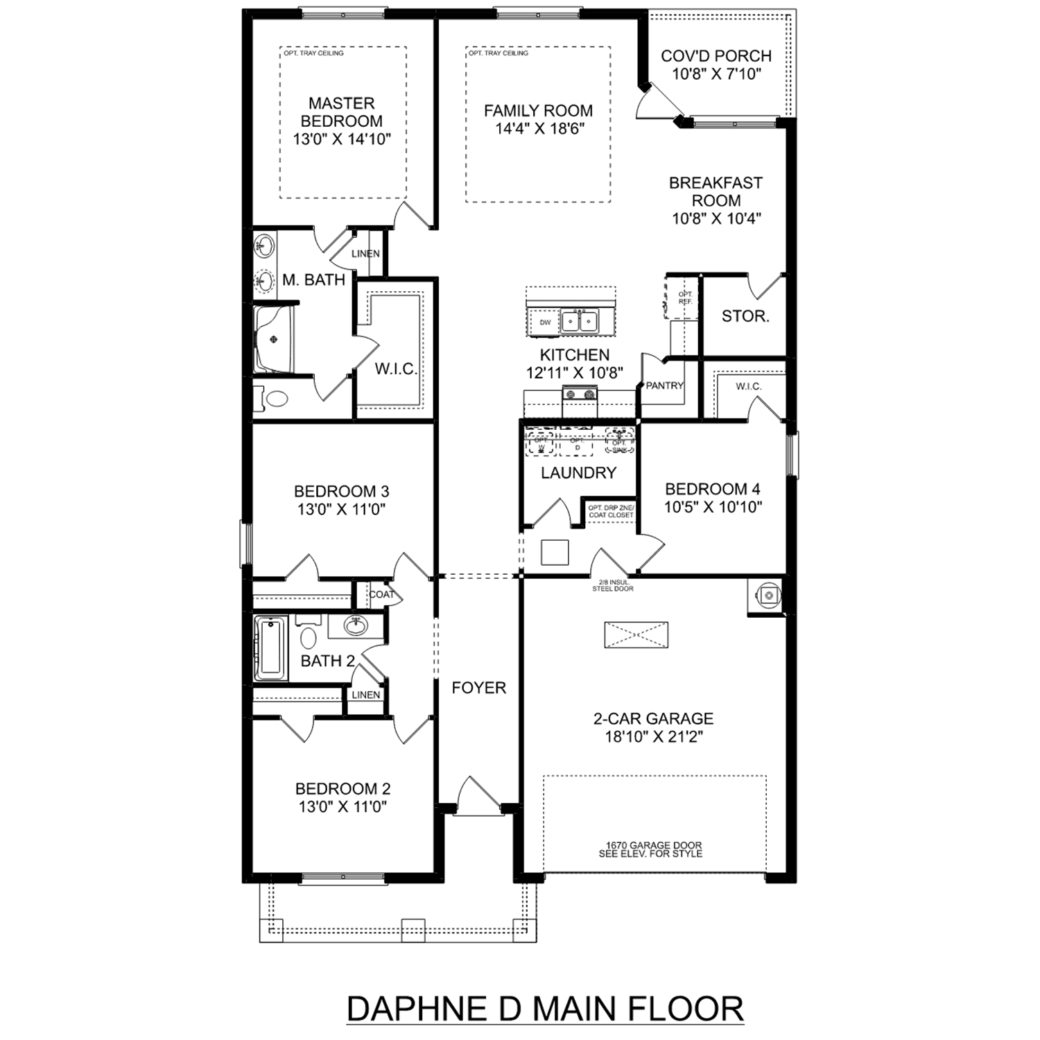 Spacious first-floor plan of The Daphne D: 4-bedroom layout with master suite, open kitchen-family room, breakfast nook, laundry, and 2-car garage
