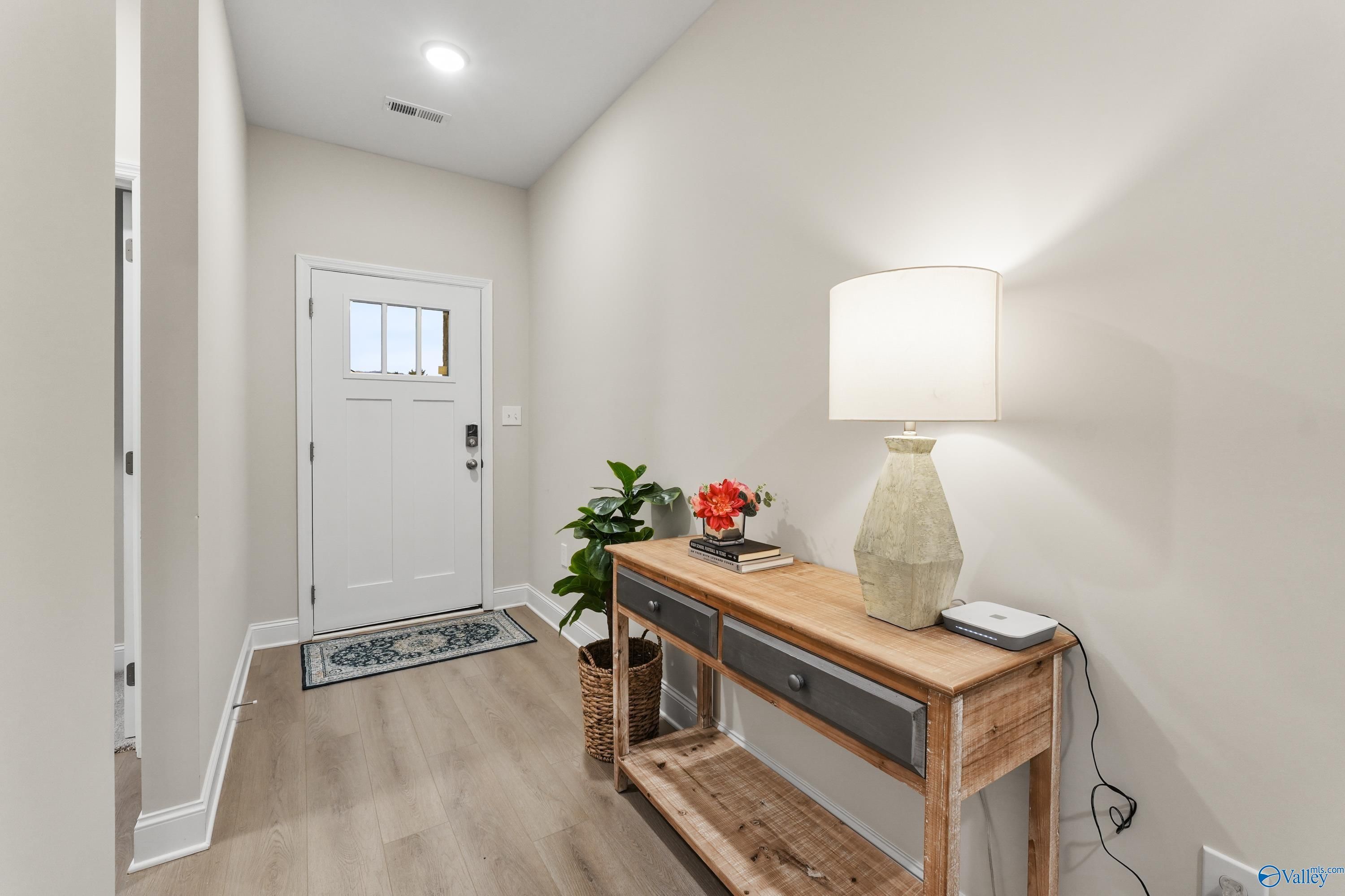 Bright entryway hallway with white door, wooden console table, lamp, plants in The Asheville C by Davidson Homes, Huntsville AL