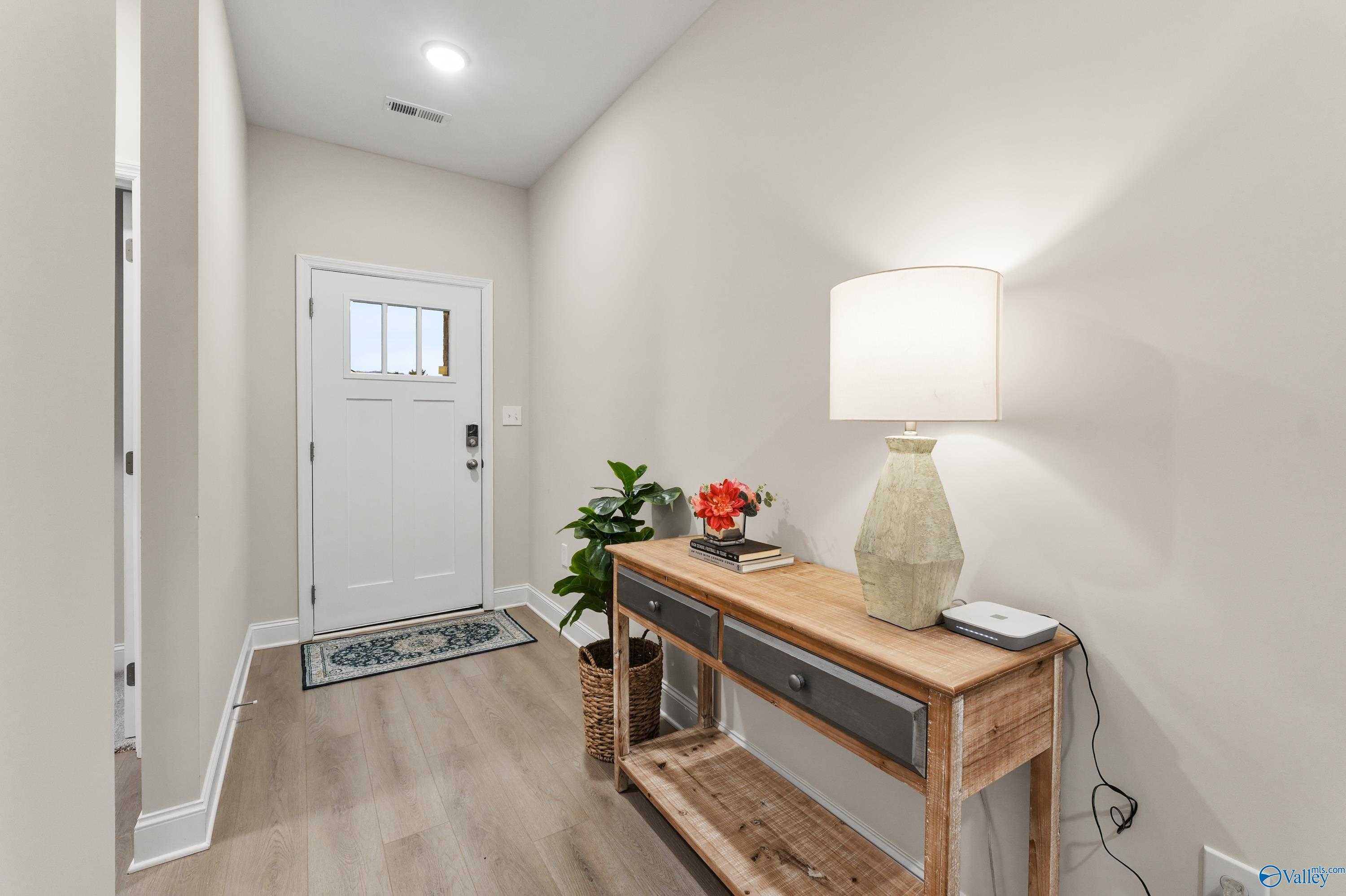 Bright entryway hallway with white door, wooden console table, lamp, plants in The Asheville C by Davidson Homes, Huntsville AL