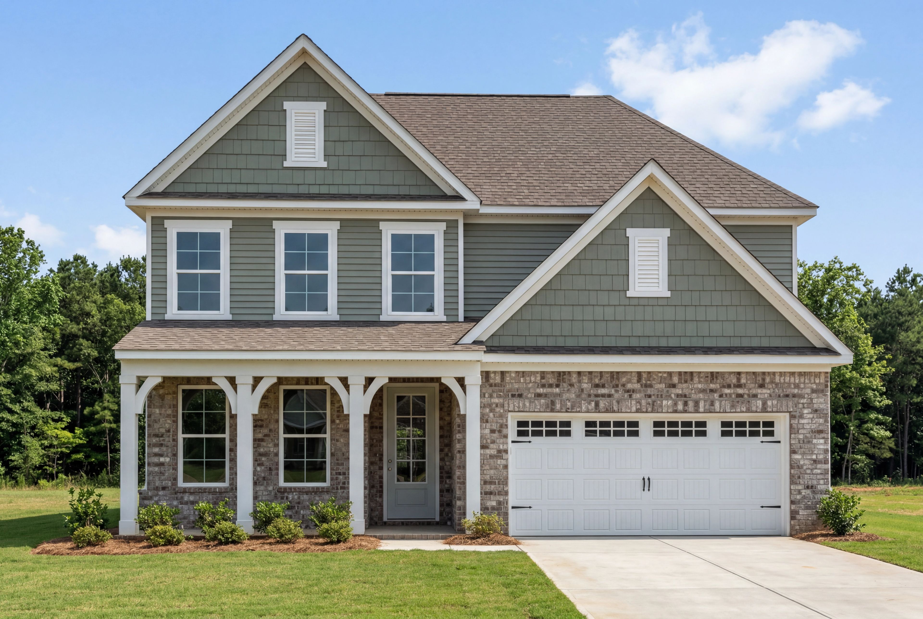 The Ashport two-story home plan featuring a brick and vinyl exterior with a spacious two-car garage in Cullman, Alabama.