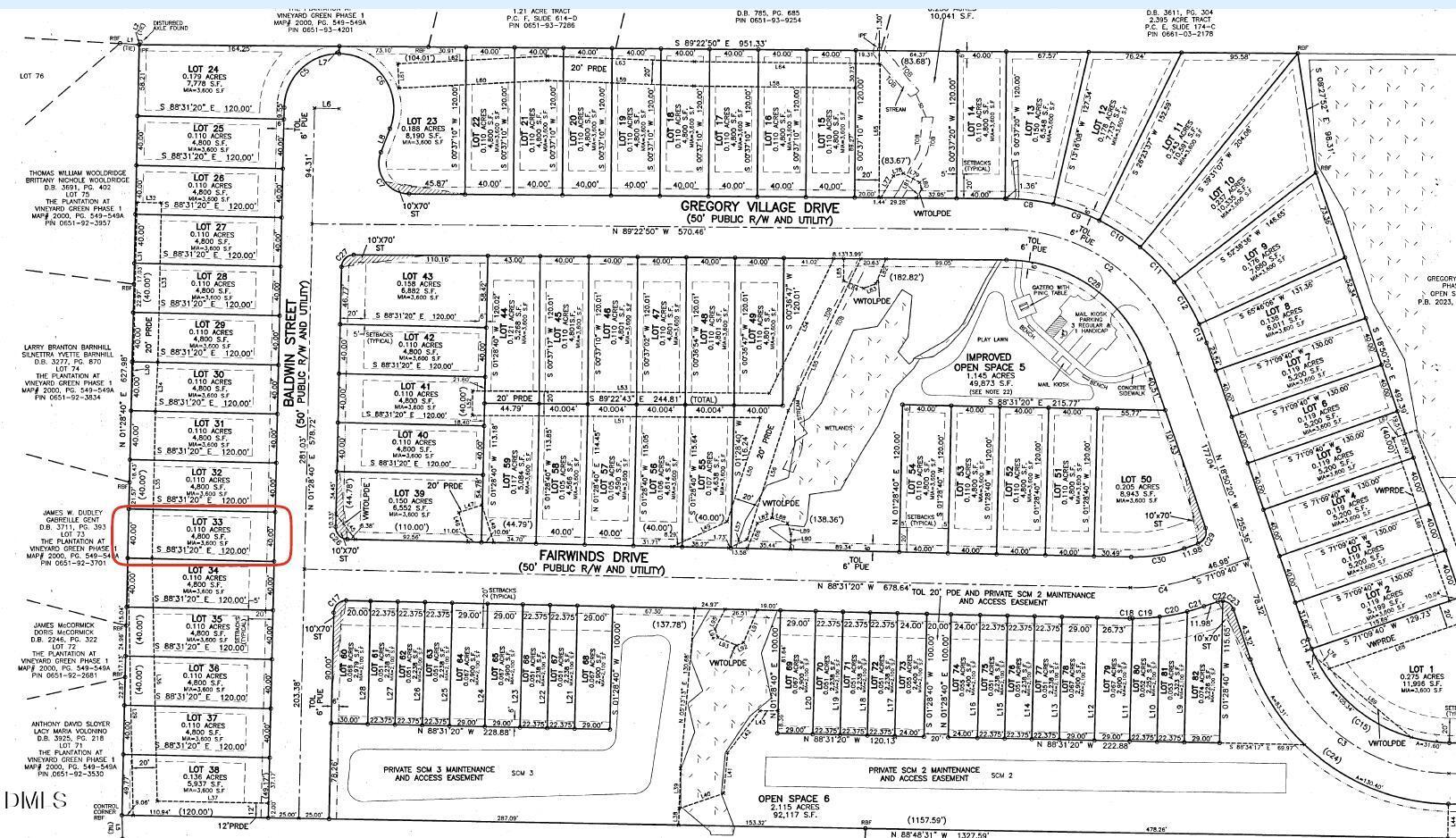 Site plan of Gregory Village subdivision in Lillington, NC, highlighting lot for Davidson Homes The Carter C 3-bed, 2-bath, 1,409 sq ft home