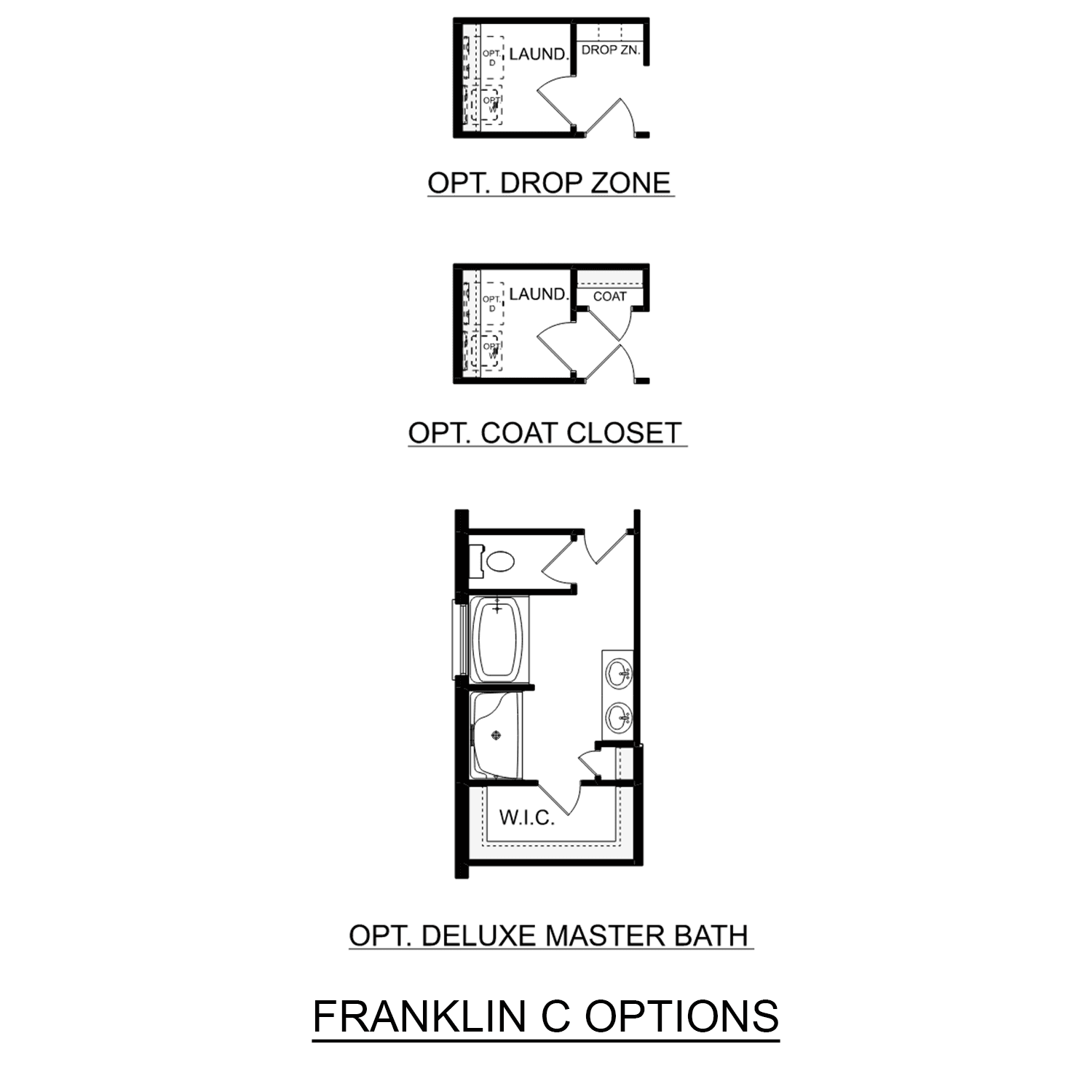 Optional drop zone, coat closet, and deluxe master bath floor plans in The Franklin home design by Davidson Homes