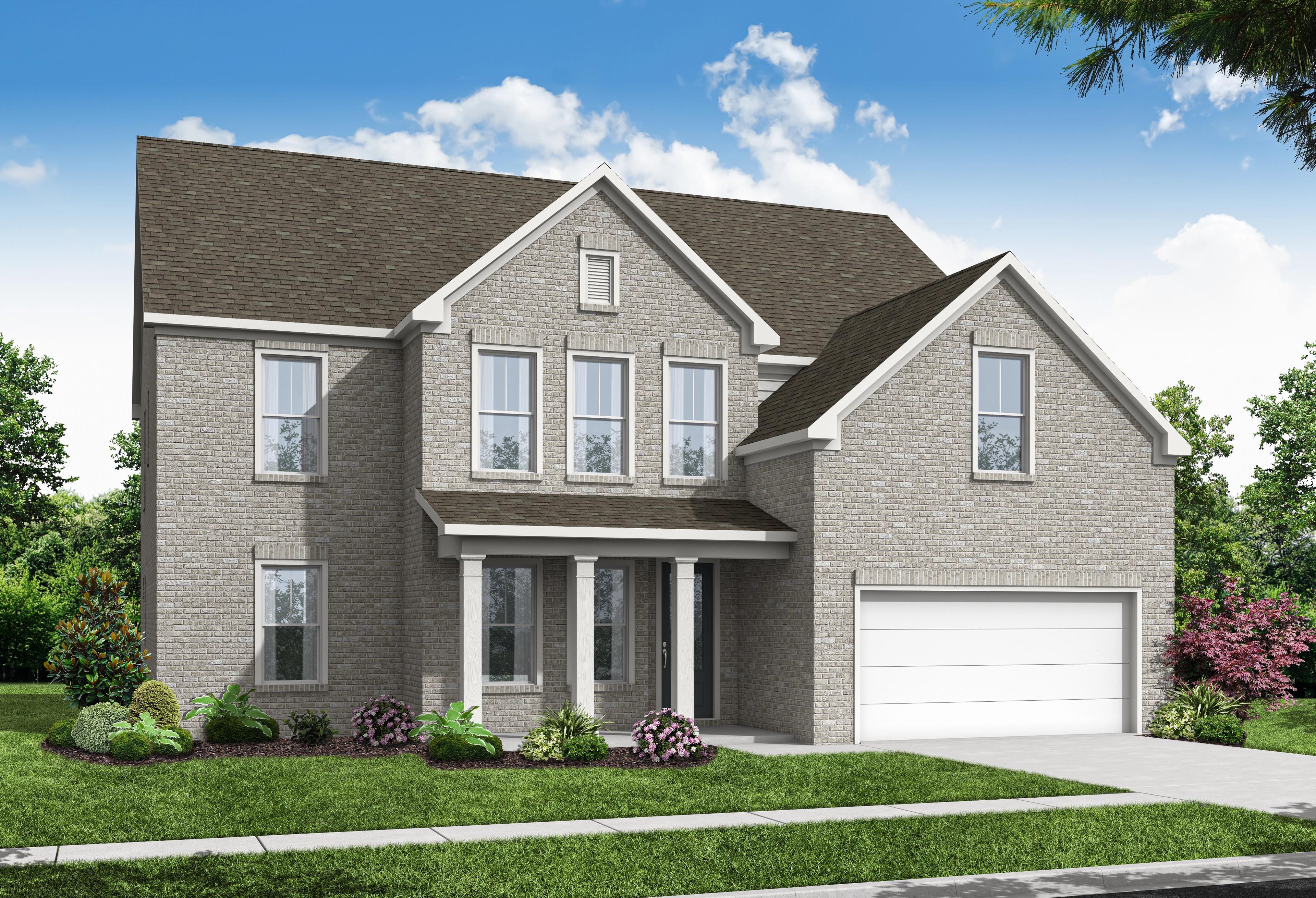 Two-story brick facade of The Hampton home design by Davidson Homes in Buford, GA, with gabled roof, columned porch, and two-car garage