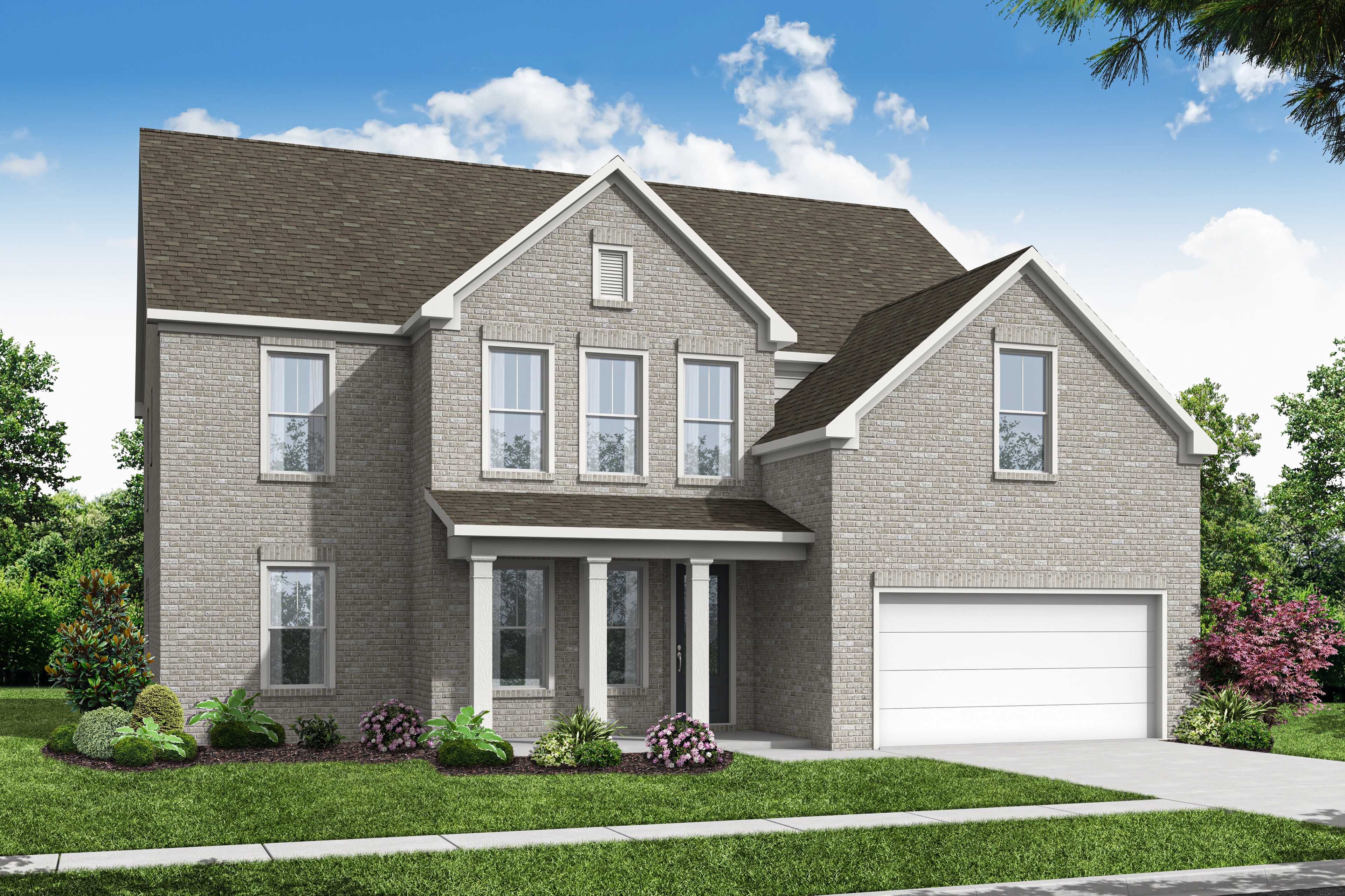 Two-story brick facade of The Hampton home design by Davidson Homes in Buford, GA, with gabled roof, columned porch, and two-car garage