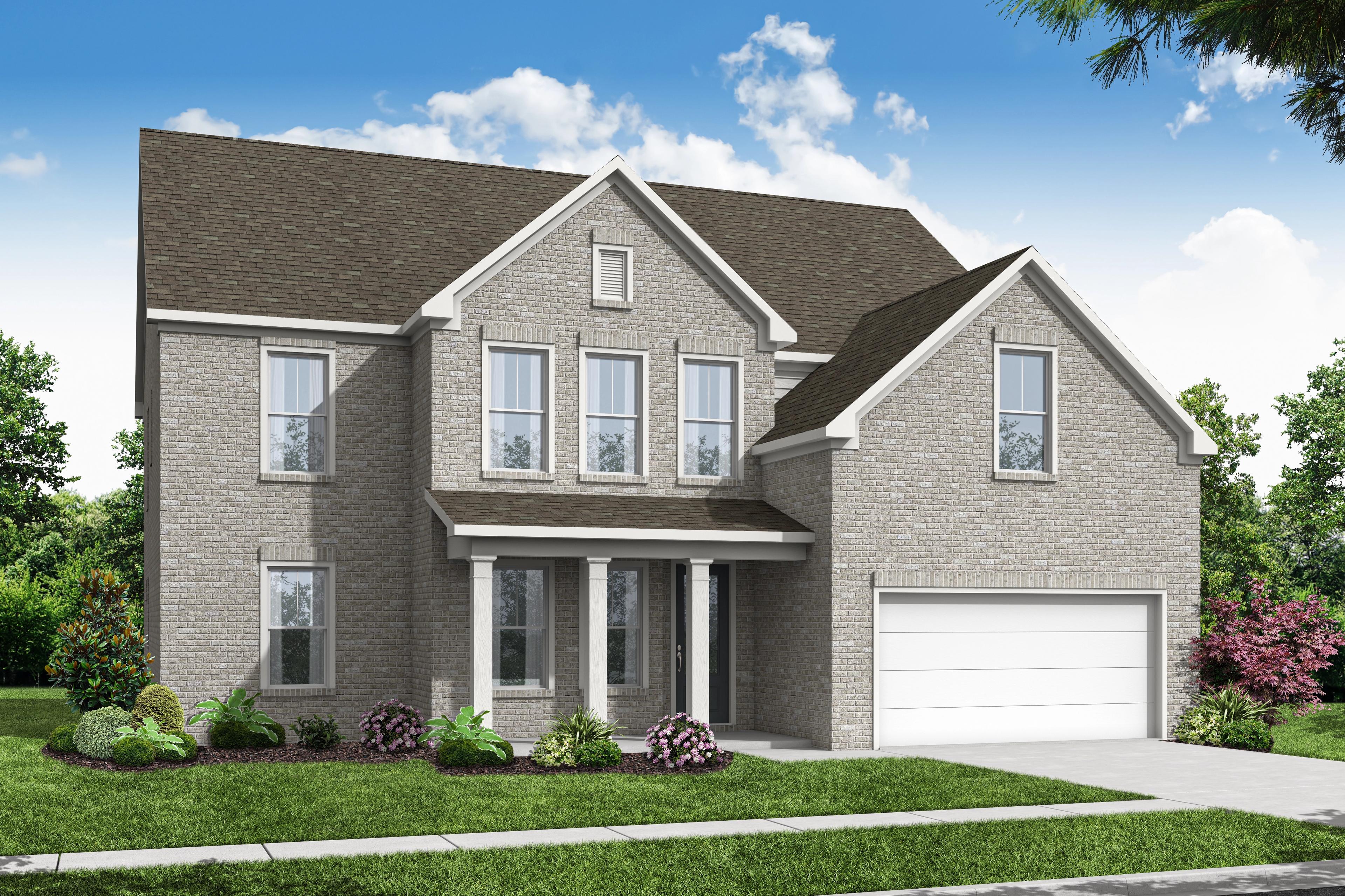 Two-story brick facade of The Hampton home design by Davidson Homes in Buford, GA, with gabled roof, columned porch, and two-car garage