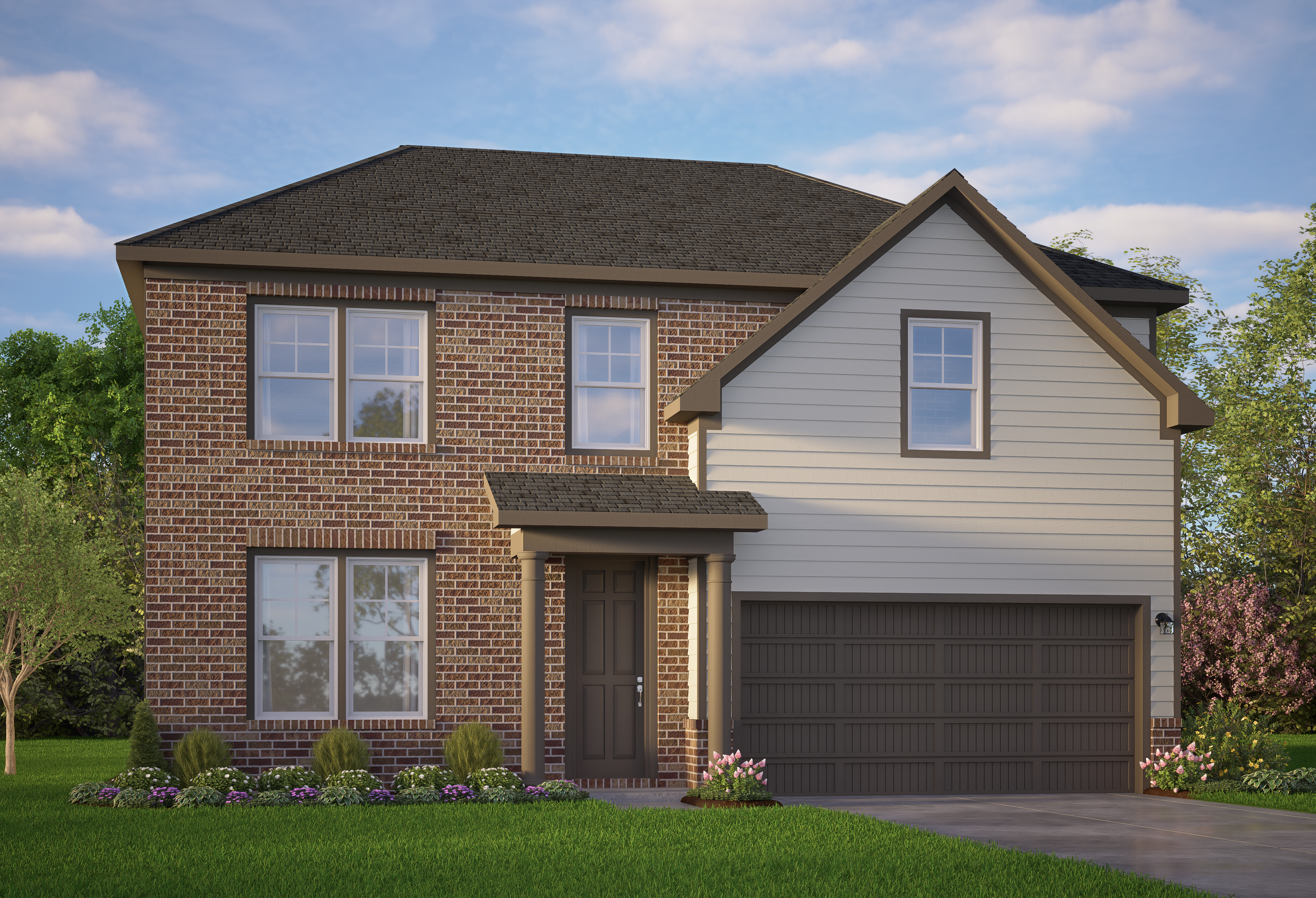 Two-story Murray home elevation with brick lower facade, siding accents, gabled roof, two-car garage, and landscaped yard