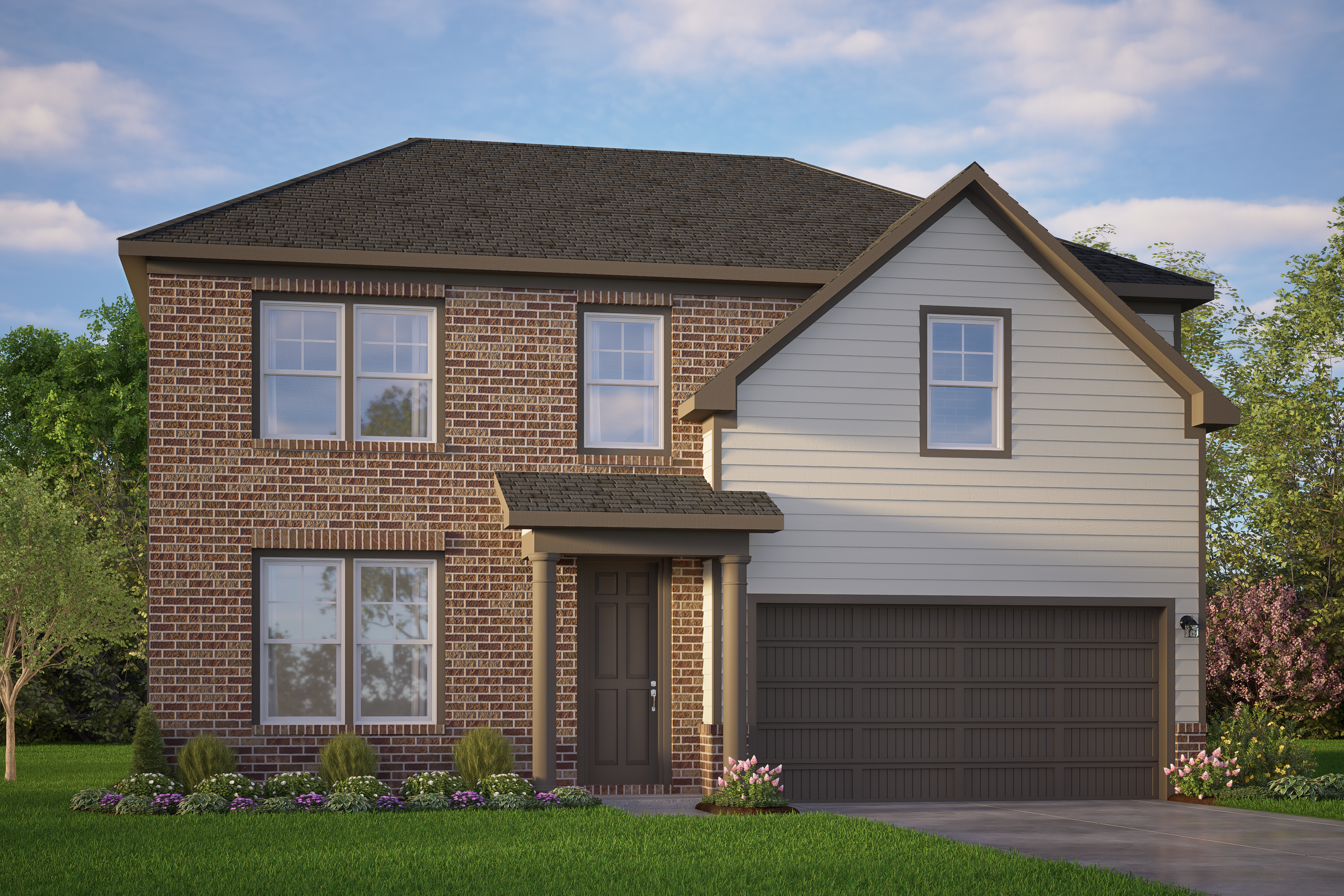 Two-story Murray home elevation with brick lower facade, siding accents, gabled roof, two-car garage, and landscaped yard