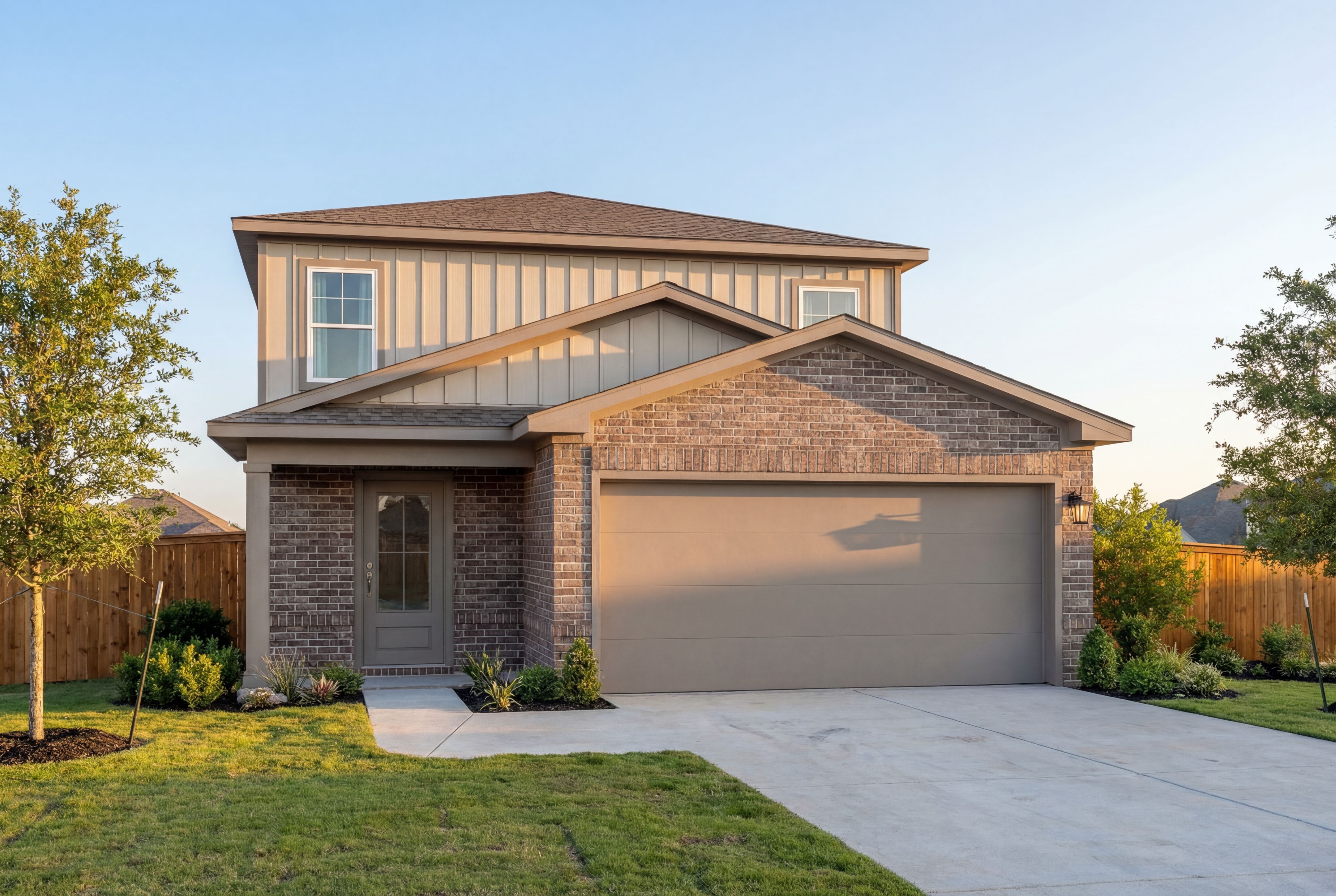 Two-story San Marcos home exterior featuring beige siding, brick details, two-car garage, and covered porch with landscaping