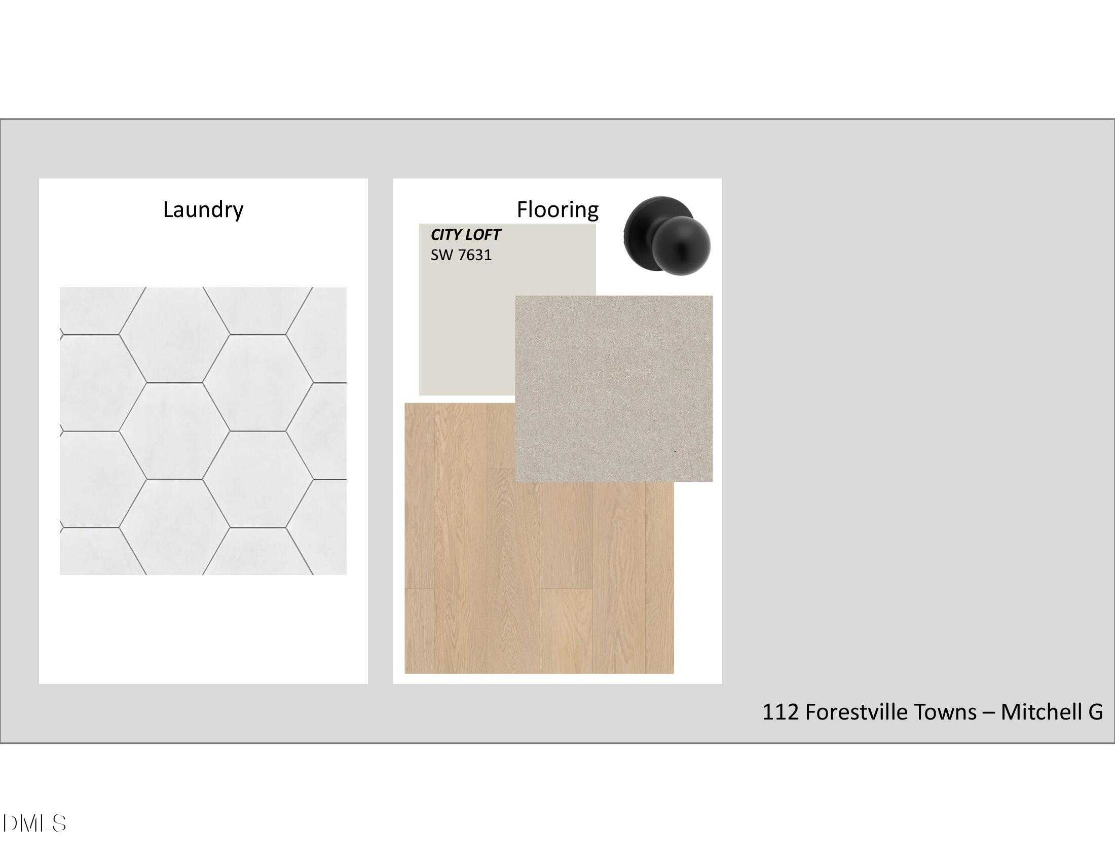 Hexagonal white tile laundry floor and City Loft SW 9143 hardwood samples in Mitchell G townhome, Forestville Towns, Knightdale NC